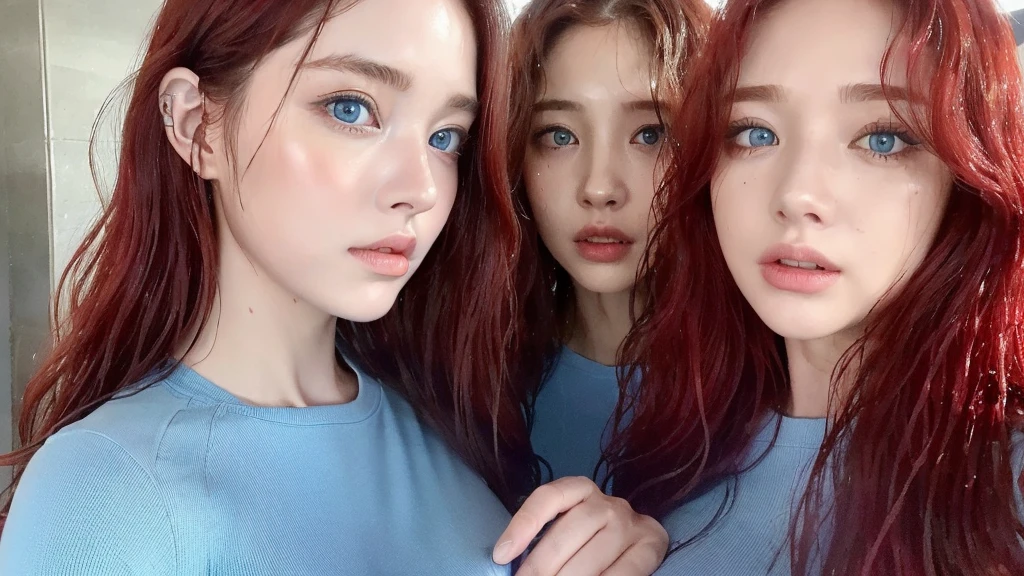 4 Beautiful handsome woman, ((top quality, 8k, masterpiece:1.retty woman, 1woman, huge breasts:1.3, slender figure:1.1, elastic red long hair, (shower, wet body, wet clothes:1.1), very detailed face, detailed lips, detailed eyes, double eyelids, detailed blue eyes, extremely detailed outstanding blue eyes, red wet hair, red wet hair, detailed outstanding BLUE EYES, innocent stare at the viewer, extremely wet wavy red hair, detailed outstanding BLUE EYES, raining outside