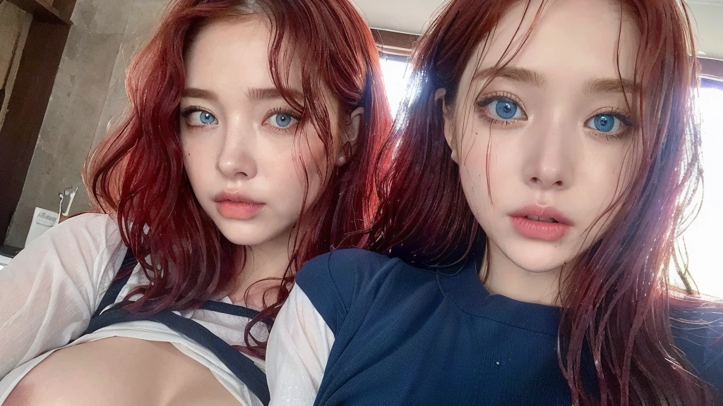 4 Beautiful handsome woman, ((top quality, 8k, masterpiece:1.retty woman, 1woman, huge breasts:1.3, slender figure:1.1, elastic red long hair, (shower, wet body, wet clothes:1.1), very detailed face, detailed lips, detailed eyes, double eyelids, detailed blue eyes, extremely detailed outstanding blue eyes, red wet hair, red wet hair, detailed outstanding BLUE EYES, innocent stare at the viewer, extremely wet wavy red hair, detailed outstanding BLUE EYES, raining outside