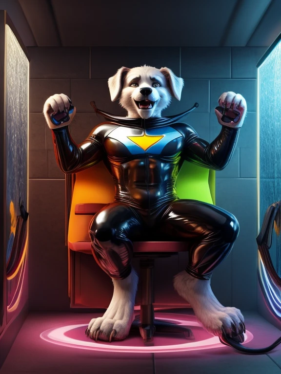 male anthro dog, super hero latex uniform, barefoot, nice big feet paws with pawpads and claws, hypnotic room, brainwash machine, drooling, eyes glowing