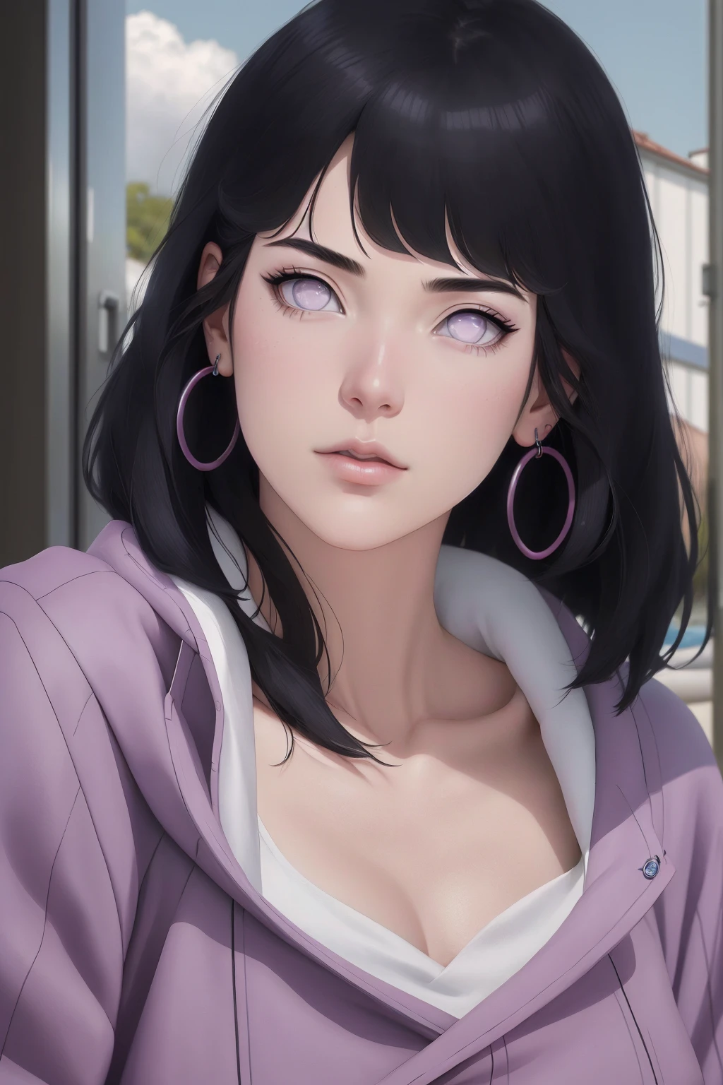 { - anatomy error} (Masterpiece - Ultra-detailed, very high resolution) , absurdos, Hinata\(Boruto\), 1girl, sozinho,Mature female, Capuz roxo,mangas em camadas, jeans, ao ar livre, Cloudy sky, perfect composition, circunstanciado lips, peito grande, beautiful face, body propotion, corar, (pink lips), cabelos pretos curto (black hair), lilac eyes, olhar suave, super realistic, circunstanciado, rosto e corpo realistas, Realistic hair, olhos realistas, nariz realista, realistic lips, with large hoop earrings, anime. reading, writing, dynamic poses, closed mouth. Different Pose.
