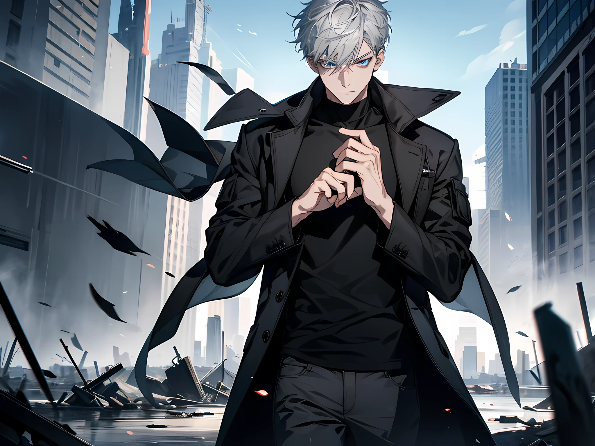 1 man, grey hair, short hair, blue eye color, wearing black tshirt with coat, cool facial expression, face to detail, detailed eyes, perfect hands, holding two knife on his hands, standing, the background is destroyed city, half-body illustration