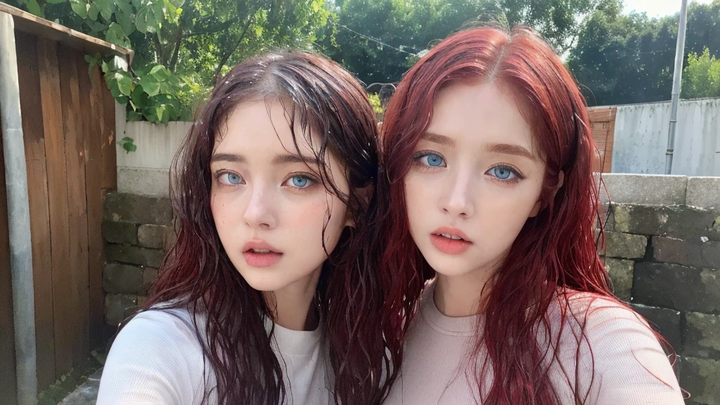 4 Beautiful handsome woman, ((top quality, 8k, masterpiece:1.retty woman, 1woman, huge breasts:1.3, slender figure:1.1, elastic red long hair, (shower, wet body, wet clothes:1.1), very detailed face, detailed lips, detailed eyes, double eyelids, detailed blue eyes, extremely detailed outstanding blue eyes, red wet hair, red wet hair, detailed outstanding BLUE EYES, innocent stare at the viewer, extremely wet wavy red hair, detailed outstanding BLUE EYES, raining outside