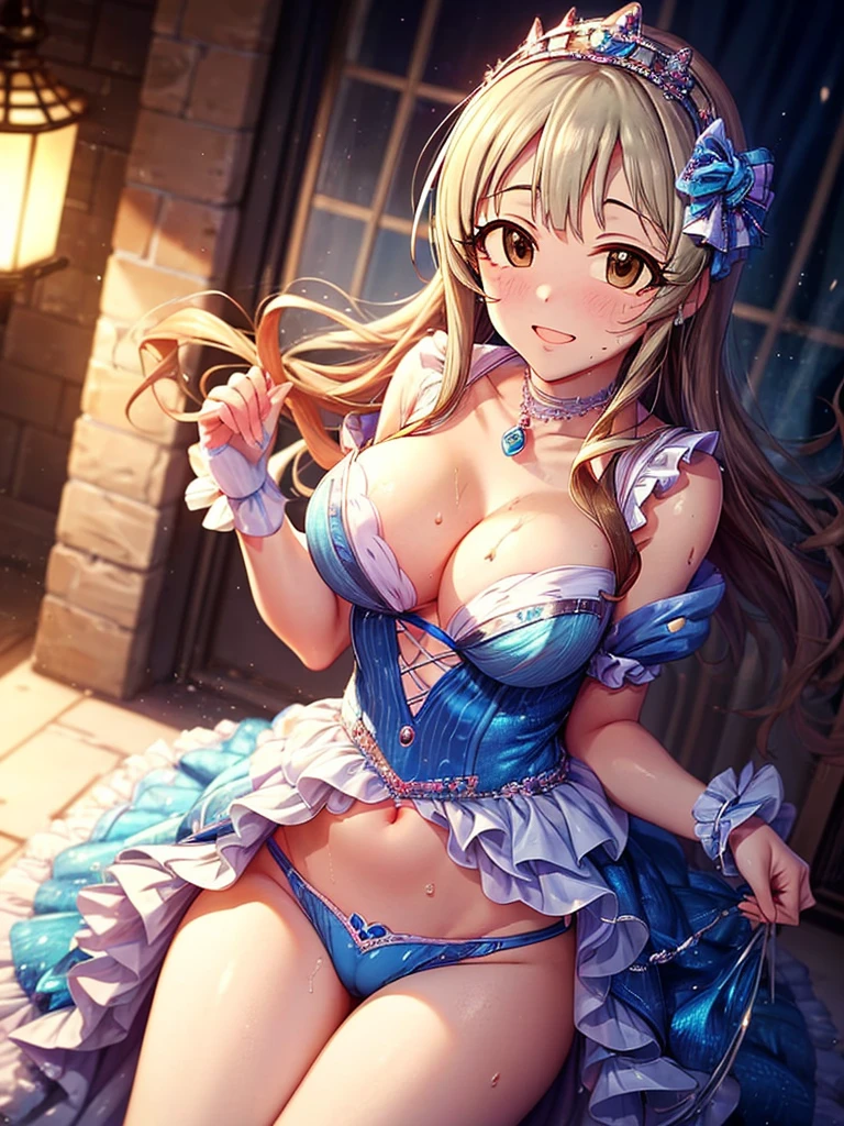 hight resolution, top-quality, ultra-quality, The ultra-detailliert, lighting like a movie、full of sweat、Wearing sweat、(((((sexy idolmaster cinderella girls princess)))))、、、(My whole body is sweaty、after sex、show off your pussy、not wearing underwear、accurate anatomy、 on body、beautiful nipples)、Obscene atmosphere、Front Camera Angle