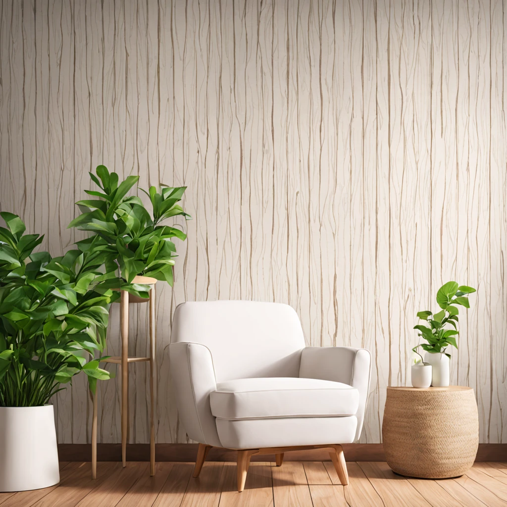 A  and rustic exquisite white wood pattern wallpaper  placed in front of a chair and a green plant next to it