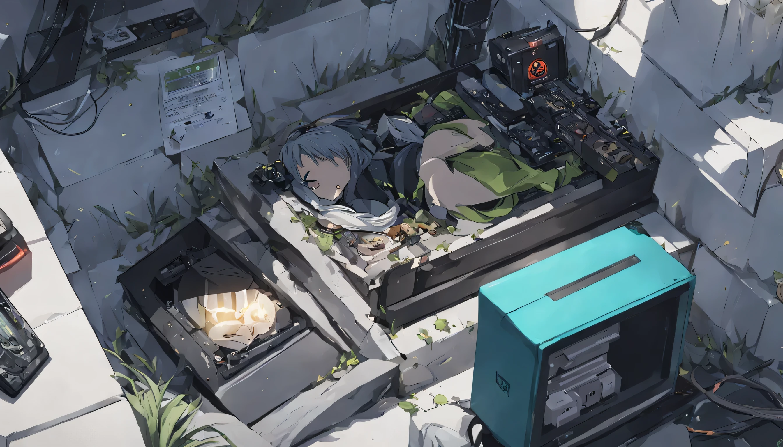 anime boy that is buried on an on grave and next to him is a an NVIDIA computer video card