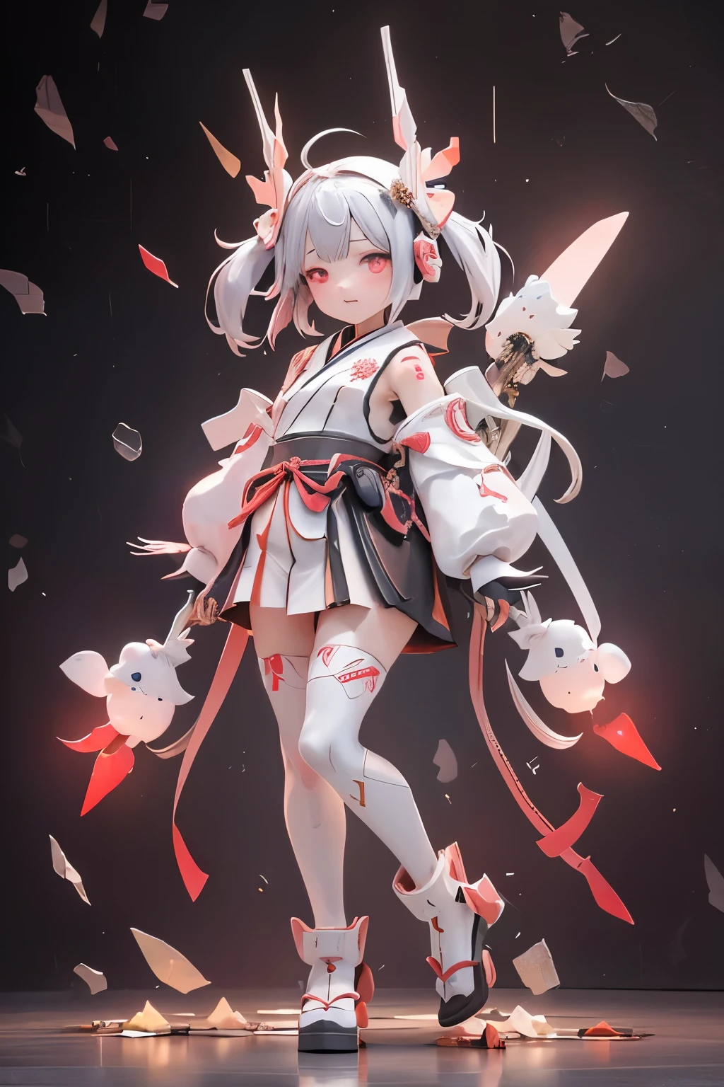 (highest quality)), ((masterpiece)), (very detailed: 1.3), 3D, {(japanese young girl)}, white theme, (ware a scarlet hakama:1.1), wear shrine maiden anime costume, (She is fused with futuristic Gundam mecha:1.2), with headgear, with v-fin , armored shoulders,armored under arms, armored under legs, (holding a Japanese sword in the right hand:1.2), multilayer textureperfect proportions, octane rendering, duotone lighting, Low ISO, wide aperture, White balance, Rule of thirds, ultra HD16k, HDR (High Dynamic Range), Ray Tracing, NVIDIA RTX, Super Resolution, Subsurface Scattering, PBR Texturing, Post Processing, Anisotropic Filtering, Depth of Field, Maximum Clarity and Clarity, High efficiency subpixel, subpixel convolution, particles of light, light scattered, Tyndall effect, full body:1.5, battle pose, cute, (cute:1.2), (bob cut:1.3),三つ編み, 黒髪, 太い眉毛, 薄い色の虹彩, 大きくて輝いている黒い瞳, 長いまつげ, 小さく薄い色の自然な唇, (Average face of Japanese idols), (日本人特有の童顔:1.3), (), 広いおでこ:1.2, ふっくらした頬, 小さな顎, visible side boob, broken streets, Broken City,looking at viewer,Focus on the eyes, (完璧な4本の指, 親指1本),