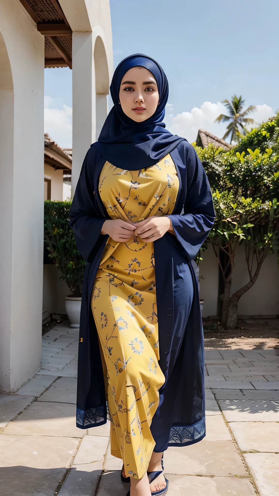 a hyperrealistic woman, putting on full cover modern Hijab. blue eyes, pale skin, photorealistic. instagram influencer, 20-year-old woman, model, black hair, happy look, curvy figure, slim waist full body, in Java traditional attire with Blue Sky and Yellow pattern, no make up