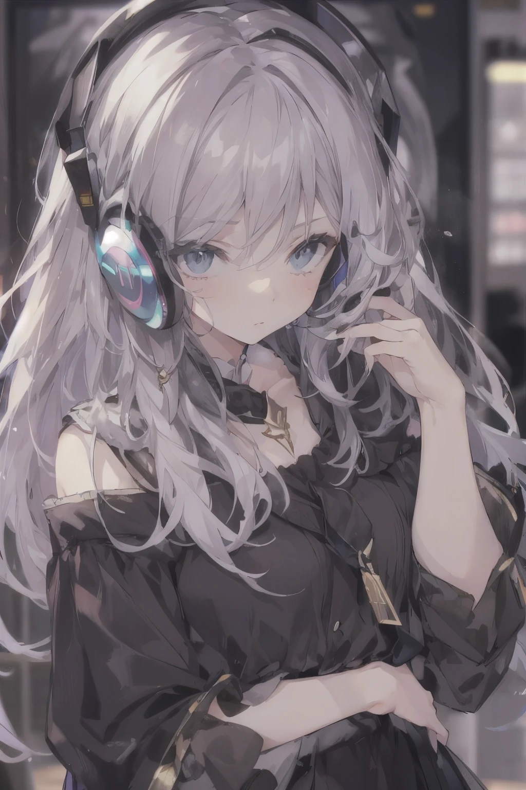 golden eyes、Woman using computer with big screen、silber hair、Semi-long hair、Wearing cool headphones,{{{{{{{{ Black Parker Oversize }}}}}}}},beautiful and delicate golden eyes,Thinking,Black clothes,