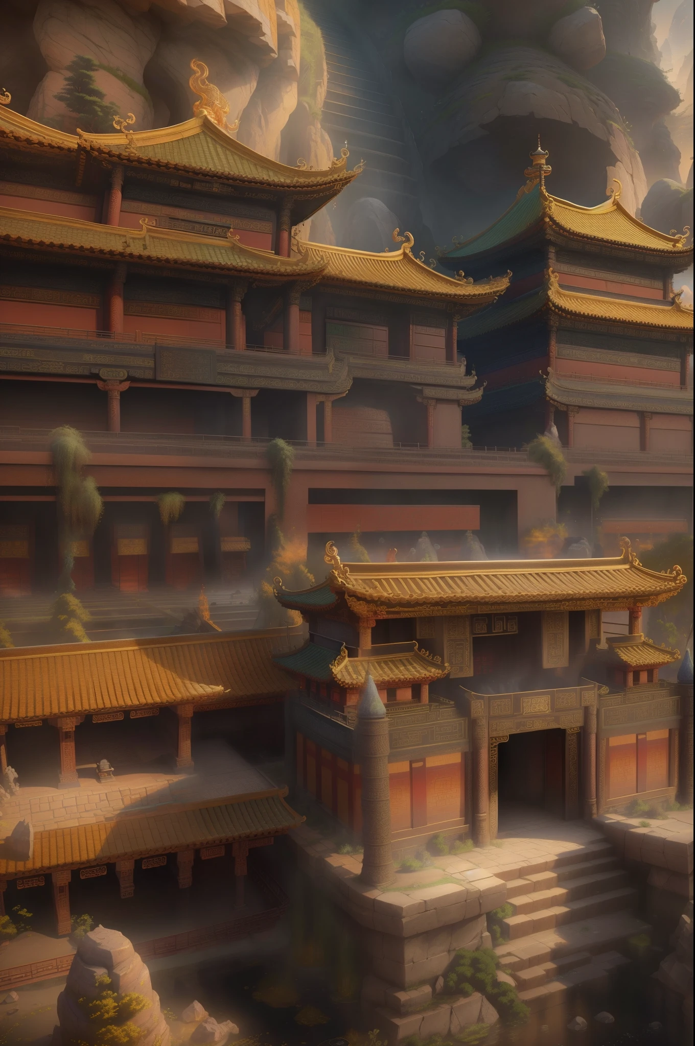 Intricate underground palace,mechanisms,ingenious design,ornate decorations,everlasting flames,myriad of burial objects,mysterious creatures,maze of the dragon's tomb,Qin Shi Huang's mausoleum,Terracotta Army,Mercury river,levitating palace,(best quality,4k,8k,highres,masterpiece:1.2),ultra-detailed,(realistic,photorealistic,photo-realistic:1.37),HDR,UHD,studio lighting,ultra-fine painting,sharp focus,physically-based rendering,extreme detail description,professional,vivid colors,bokeh,landscape,wispy color tones,warm lighting