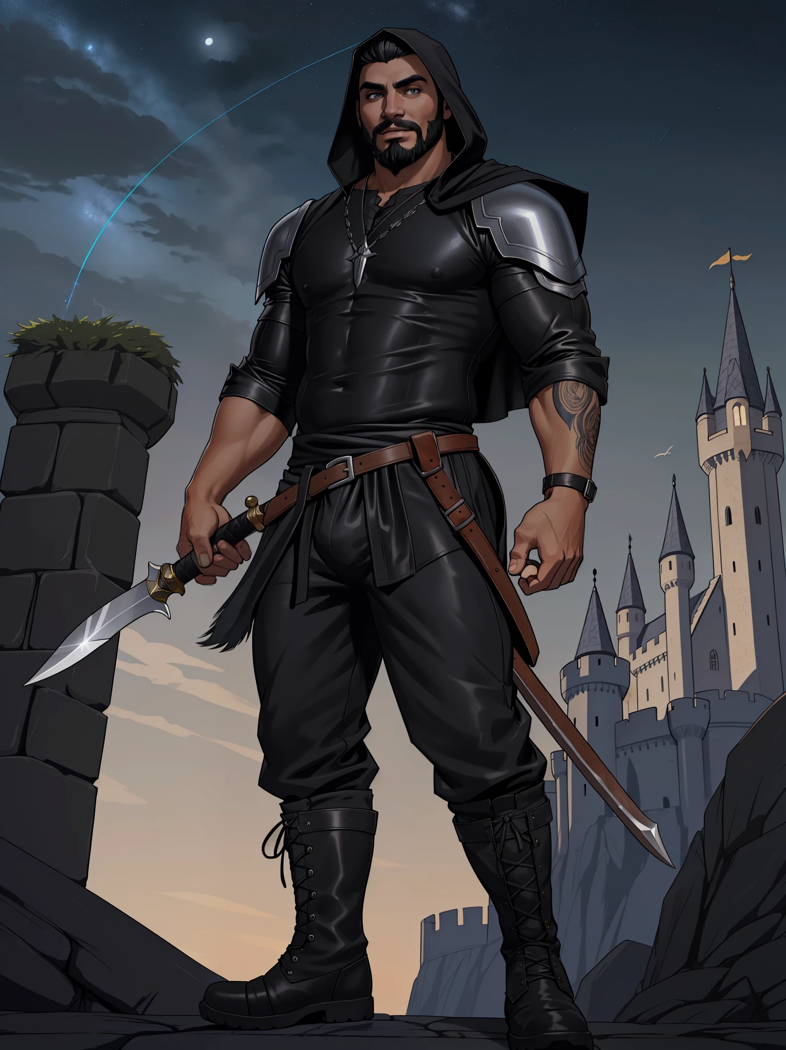 Solo, 1boy, male full body, dampir, young adult, toned, fair skin, charcoal hair, fringe haircut, dual wielding, weapon, 1rapier, 1dagger, shadow cloaked, fangs, grey eyes, black sclera, trimmed beard, silver beard, silver facial hair, leather armor, dark armor, black shirt, leather sheath, strap, grey baggy pants, sweatpants, black, boots, mid-calf footwear, (masterpiece,high quality,hi res,8k hd),standing,close-view portrait,looking at viewer,night, outdoor, castle