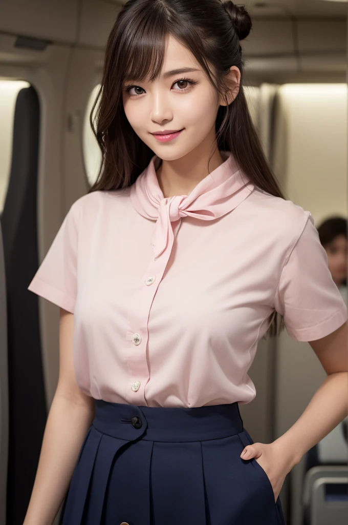 (masterpiece:1.3), High resolution, Super detailed, Highly detailed CG Unity 8K wallpaper, realistic, photo-realistic, RAW photo, beautiful detailed face, white skin, realistic skin, fine cloth texture, detailed hair texture, perfect proportions, beautiful face, Accurate, anatomically correct, Highly detailed face and skin texture, natural neck length, (beautiful hands), (Fair skin:1.2), thin legs, thin legs, sexy thighs,
break,
fine eyes, symmetrical eyes, light brown eyes, double eyelid, thin eyebrows, (glossy lips:1.4), (goddess smile:1.2),
break,
(classy and cute girl:1.3), (Wearing a long shirt with buttons, High Waist Navy Skirt), (Wearing a light pink neck knot sheer scarf:1.2), (close button:1.1)
(medium to large breasts), (slender body shape), (beautiful curves),
(dark brown hair, wavy hair), ((diagonal bangs、bun hair)), (upper body shot:1.2), (looking at the viewer:1.2), From before,
break, cabin attendant,
(Stand in the wide aisles of first class),(Private cabin: 1.2),