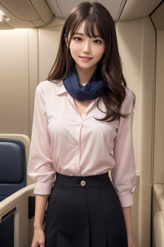 (masterpiece:1.3), High resolution, Super detailed, Highly detailed CG Unity 8K wallpaper, realistic, photo-realistic, RAW photo, beautiful detailed face, white skin, realistic skin, fine cloth texture, detailed hair texture, perfect proportions, beautiful face, Accurate, anatomically correct, Highly detailed face and skin texture, natural neck length, (beautiful hands), (Fair skin:1.2), thin legs, thin legs, sexy thighs,
break,
fine eyes, symmetrical eyes, light brown eyes, double eyelid, thin eyebrows, (glossy lips:1.4), (goddess smile:1.2),
break,
(classy and cute girl:1.3), (Wearing a long shirt with buttons, High Waist Navy Skirt), (Wearing a light pink neck knot sheer scarf:1.2), (close button:1.1)
(medium to large breasts), (slender body shape), (beautiful curves),
(dark brown hair, wavy hair), ((tie hair、diagonal bangs、bun hair)), (upper body shot:1.2), (looking at the viewer:1.2), From before,
break, cabin attendant,
(Stand in the wide aisles of first class),(Private cabin: 1.2),