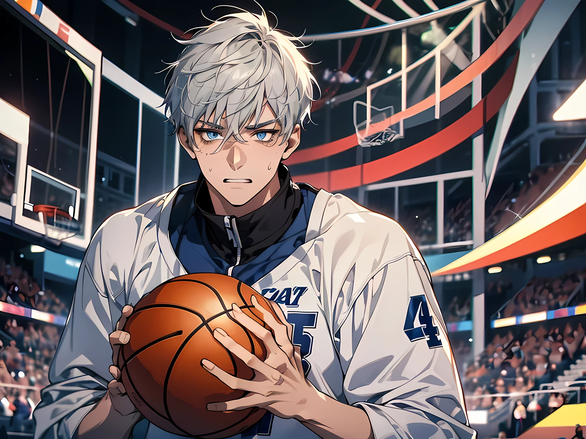 1 man, grey hair, short hair, blue eyes color, wearing basketball uniform, showing teeth, sweating, face to detail, detailed eyes, perfect hands, holding a basket ball, the background is basketball arena, half-body illustration