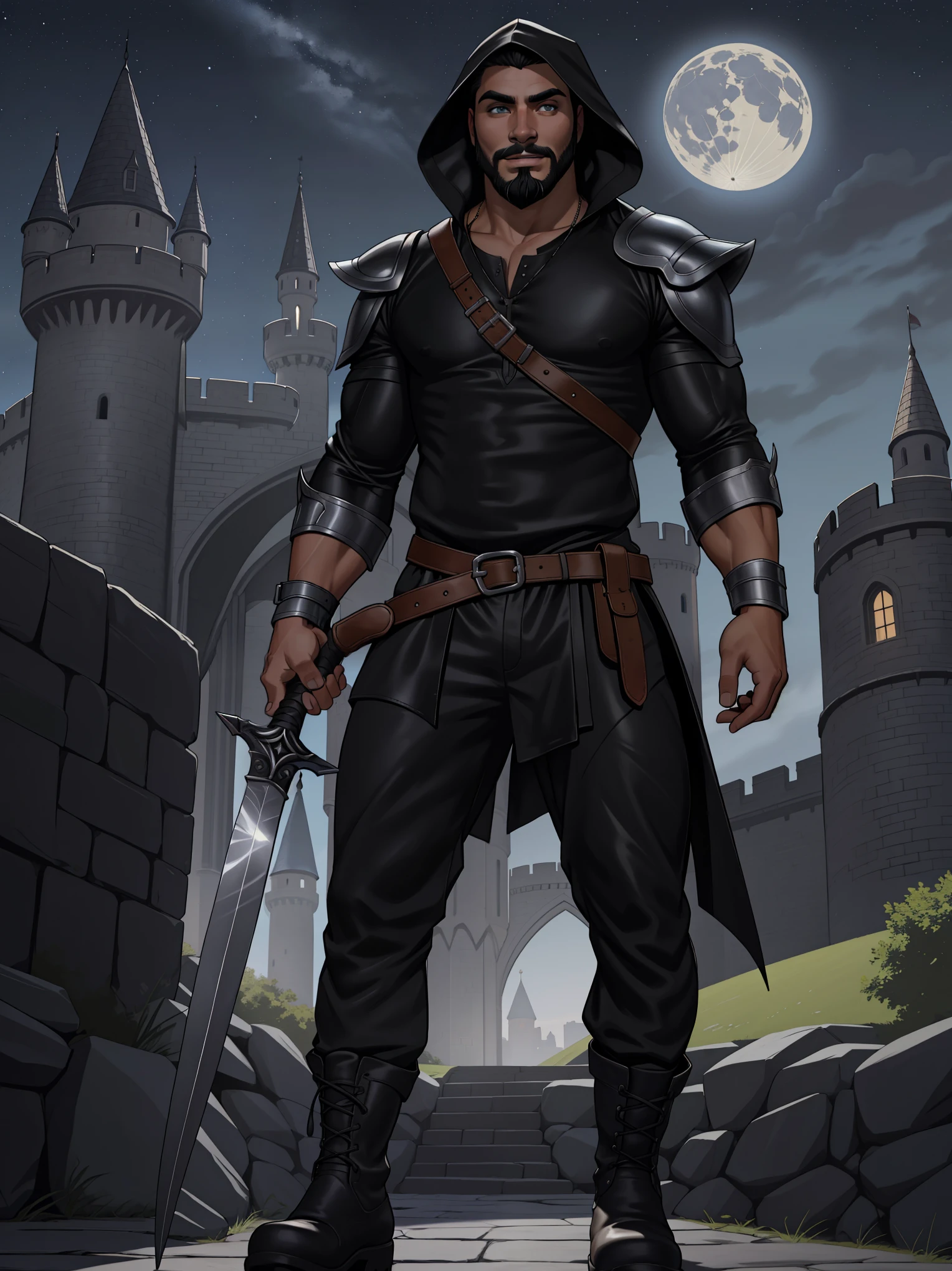 Solo, 1boy, male full body, dampir, young adult, toned, fair skin, charcoal hair, fringe haircut, dual wielding, weapon, 1rapier, 1dagger, shadow cloaked, fangs, grey eyes, black sclera, trimmed beard, silver beard, silver facial hair, leather armor, dark armor, black shirt, leather sheath, strap, grey baggy pants, sweatpants, black, boots, mid-calf footwear, (masterpiece,high quality,hi res,8k hd),standing,close-view portrait,looking at viewer,night, outdoor, castle