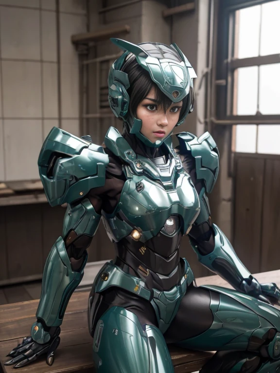 rough skin, Super detailed, advanced details, high quality, 最high quality, High resolution, 1080P, hard disk, beautiful,(War Machine),beautifulサイボーグの女性,Dark Green Mecha Cyborg Girl,In combat,Mecha body girl,、middle School girls　very short hair、sweaty brown eyes、sweaty face、freckles　embarrassed look　blush　cute　black haired　((steam from head)) Glasses　sit on a chair　M-shaped legs　(Shyness)