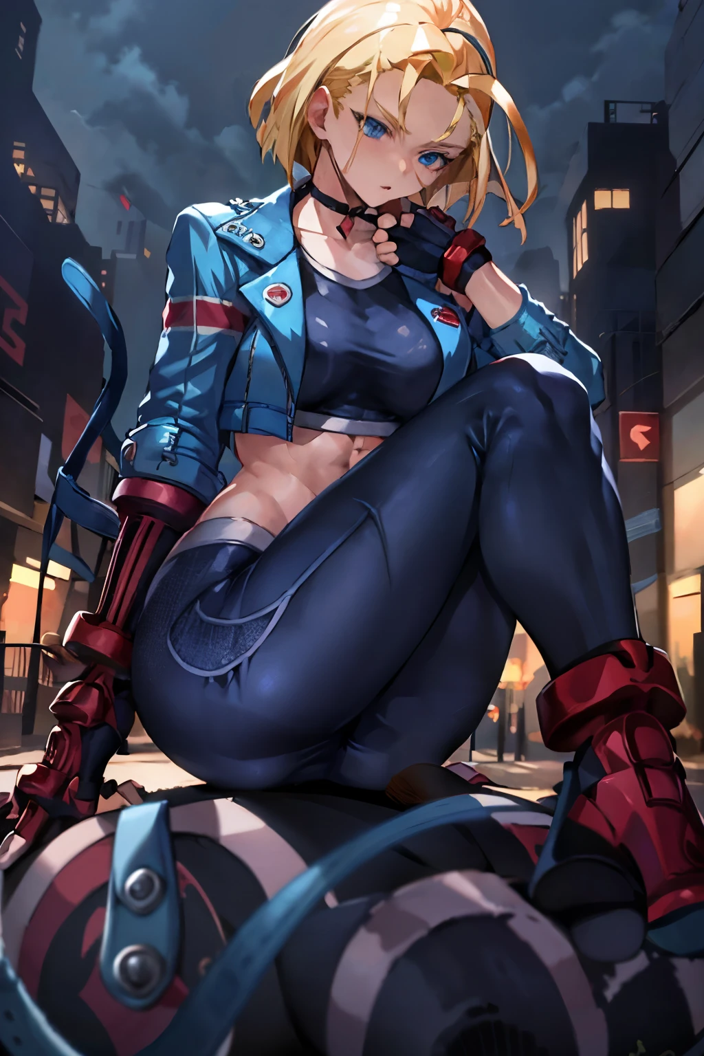 Cammy SF, pants, pants, Jacket, play sports often, short hair, sitting, highest quality, masterpiece, High resolution,Street at night,view audience