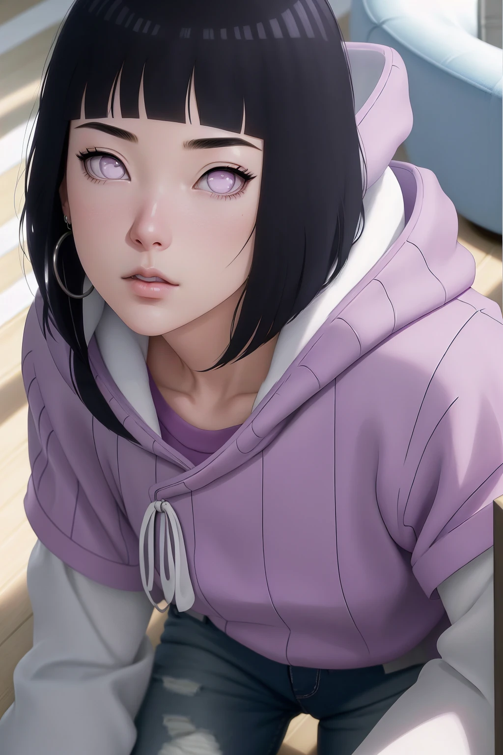 { - anatomy error} (Masterpiece - Ultra-detailed, very high resolution) , absurdities, Hinata\(Boruto\), 1girl, alone,Mature female, Purple hood, layered white sleeves, jeans, perfect composition, full lips, big chest, beautiful face, body proportion, blushing, (pink lips), black hair short (black hair), lilac eyes, soft look, super realistic, circumstantial, realistic face and body, realistic hair, realistic eyes, realistic nose, realistic lips, with big hoop earrings, anime. reading, writing, walking, backwards, lying down, standing, dynamic poses, mouth closed. Different posture.