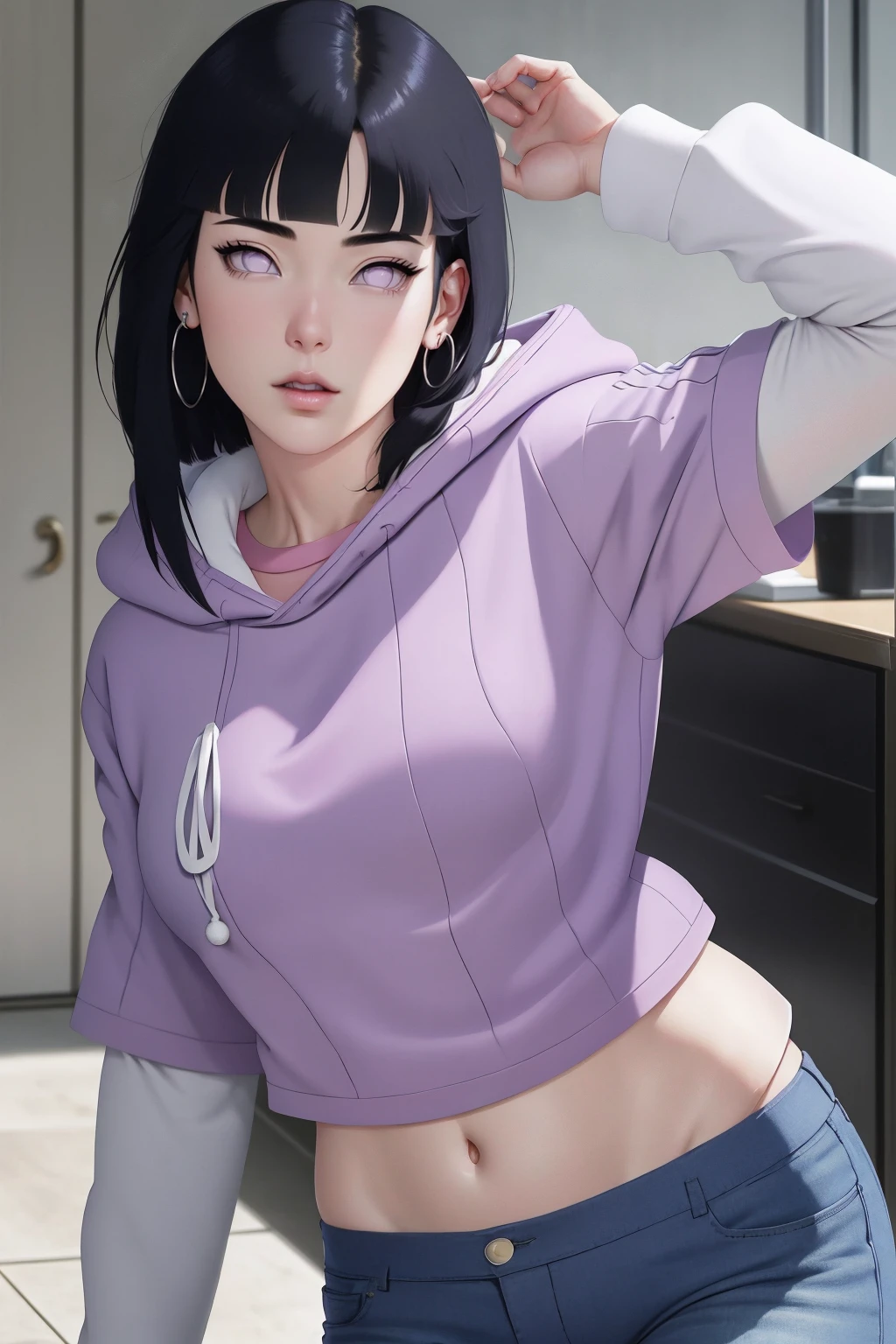 { - anatomy error} (Masterpiece - Ultra-detailed, very high resolution) , absurdities, Hinata\(Boruto\), 1girl, alone,Mature female, Purple hood, layered white sleeves, jeans, perfect composition, full lips, big chest, beautiful face, body proportion, blushing, (pink lips), black hair short (black hair), lilac eyes, soft look, super realistic, circumstantial, realistic face and body, realistic hair, realistic eyes, realistic nose, realistic lips, with big hoop earrings, anime. reading, writing, walking, backwards, lying down, standing, dynamic poses, mouth closed. Different posture.
