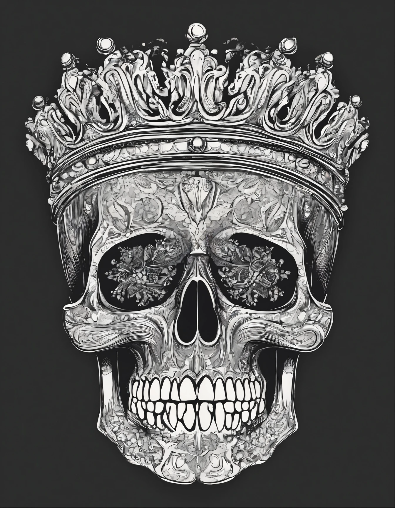 A skull face in a single stroke line artwith king crown in head, masterpiece, ultradetail, artstation HD, 8k