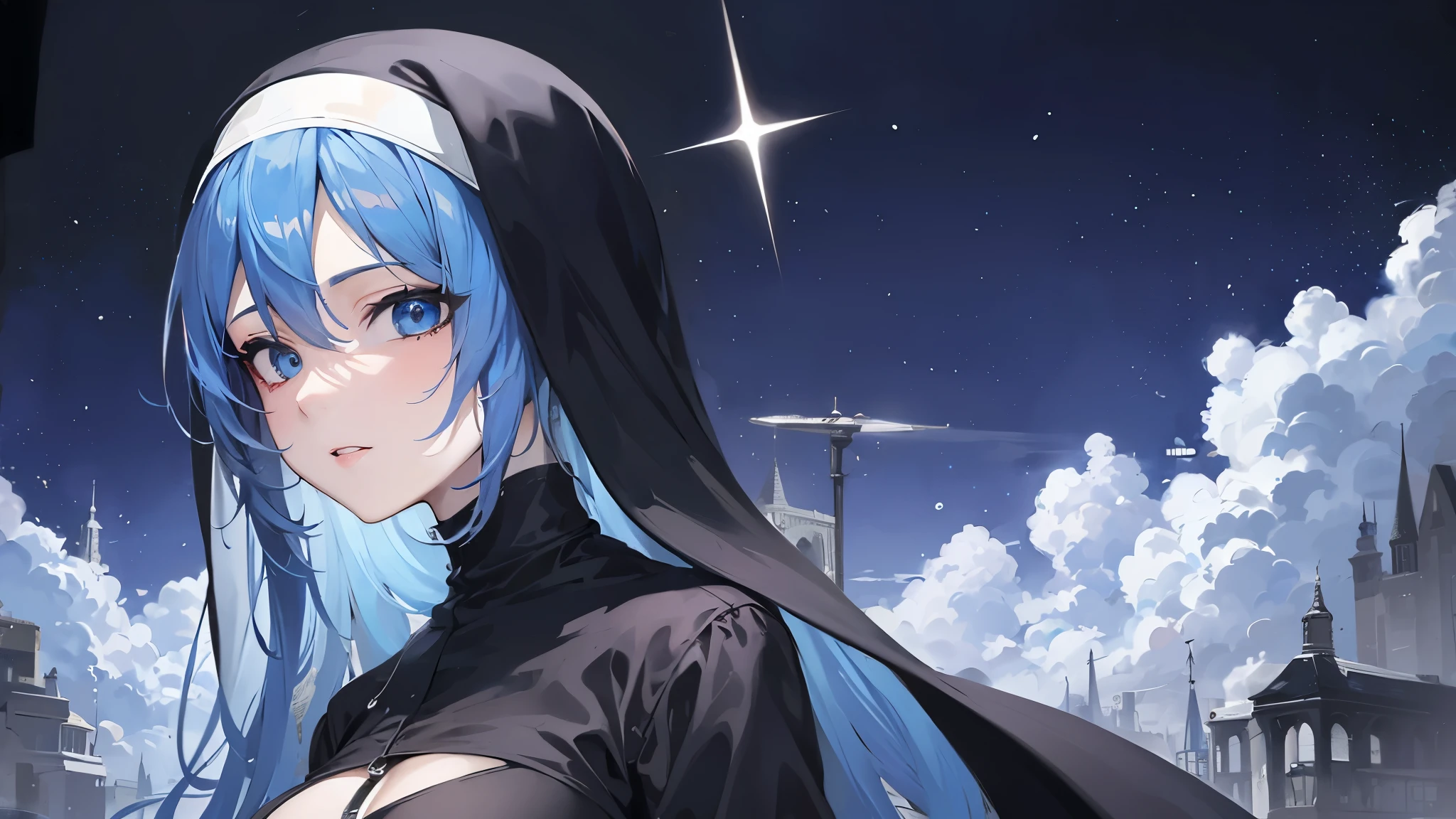masterpiece, high definition, PERFECT FACE, anime - style image of a blue haired woman in a black nun outfit, elegant nun girl, utopia, mature and lady, smug face, from girls frontline, artwork in the style of guweiz, , background art, lighting, starry blue sky, galaxy, PERFECT EYES, looking at viewer