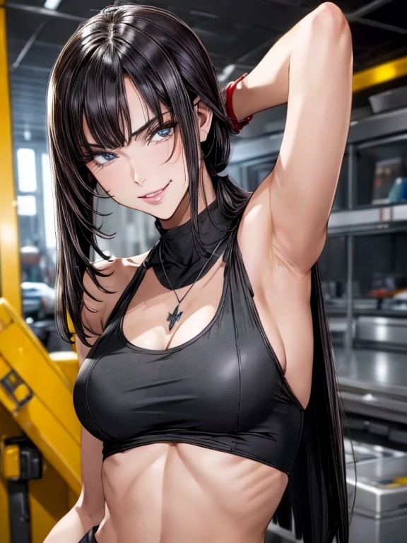(Meisterwerk, best quality, fotorealistisch, hight resolution, Fotografie, :1.3), Nahaufnahme, Scharfer Fokus, 1 brunette girl, European Girl, Hot Model, Zwerchfell,Red Tank Top worn on the upper body with a tight cut, Sehr detaillierte Augen und Pupillen, Realistischer Skin, slim body shape, Perfect Body, Spaltung, Extrem detailliertes Haar, zartes sexy Gesicht, Sinnliche Gase, glossy lips, ((Wear a cropped black top, wearing pendant)), im Freien, ((realistisch, Super realistisch, Realismus, Realistische Details)),(seductive smile:1.4)