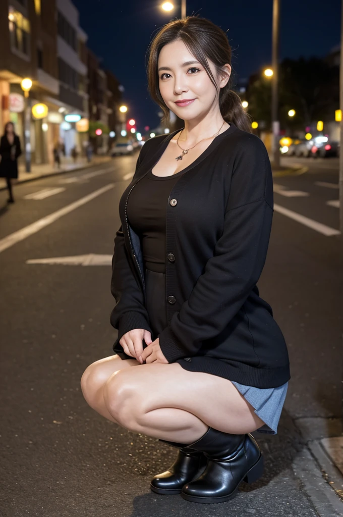 best quality, masterpiece, 16K, absurdres, city, old woman, delightful, smiling, squatting, legs spread, looking at viewer, ponytail, brown hair, black eyes, big eyes, pale skin, detailed skin, wrinkles skin, plump, glamorous, beautiful breasts, jacket, t-shirt, mini skirt, piercing, necklace, long boots, chubby, beauty mark, 50-year-old, old, middle-aged, elderly, japanese, outside, in the city, on the street, with a moon, at night, beautiful, ultra realistic photo, real person, full body shot, from front, front view, wide shot, wide view, cowboy shot, moonlight