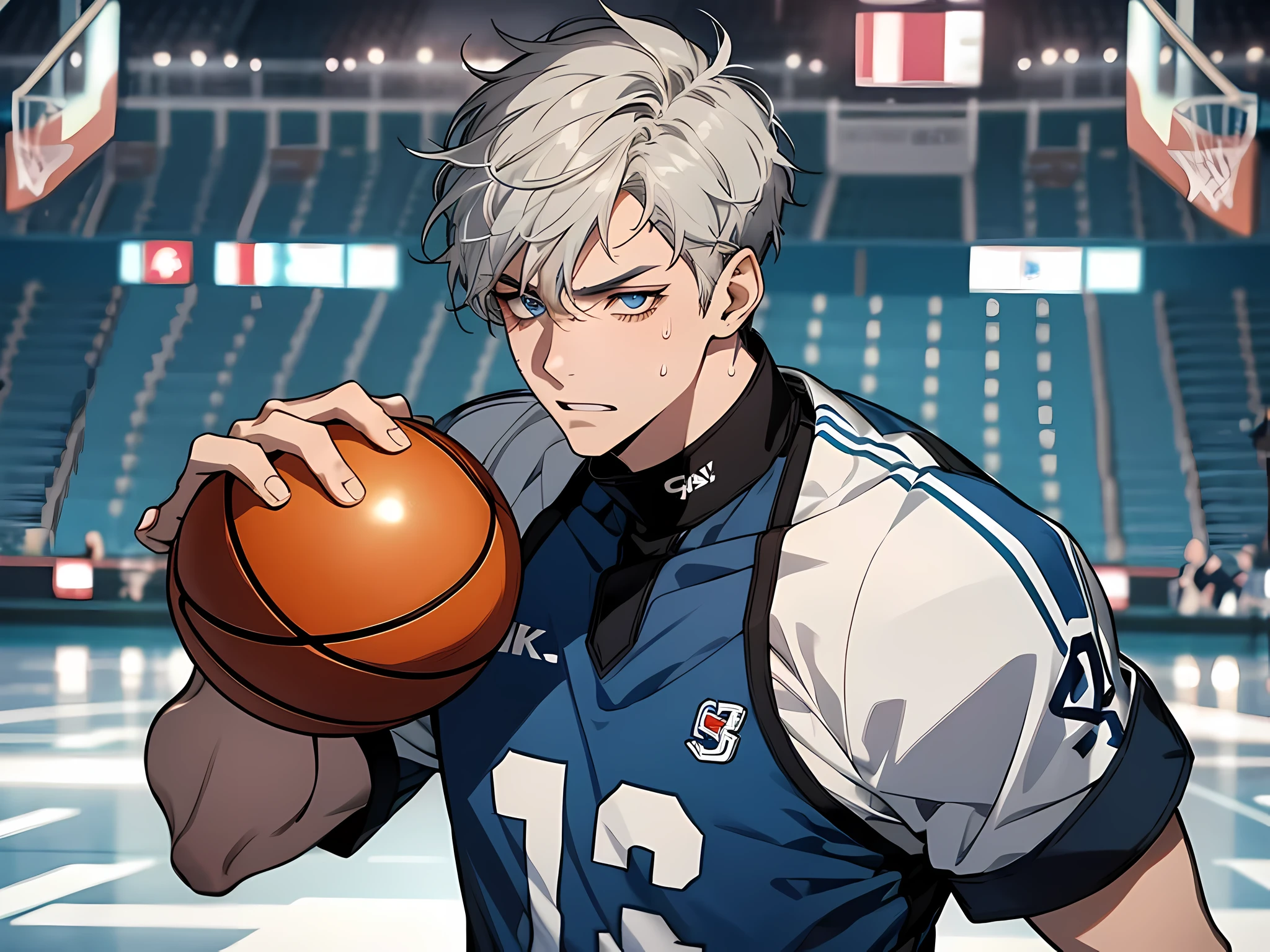 1 man, grey hair, short hair, blue eyes color, wearing basketball uniform, showing teeth, sweating, face to detail, detailed eyes, perfect hands, holding a basket ball, the background is basketball arena, half-body illustration