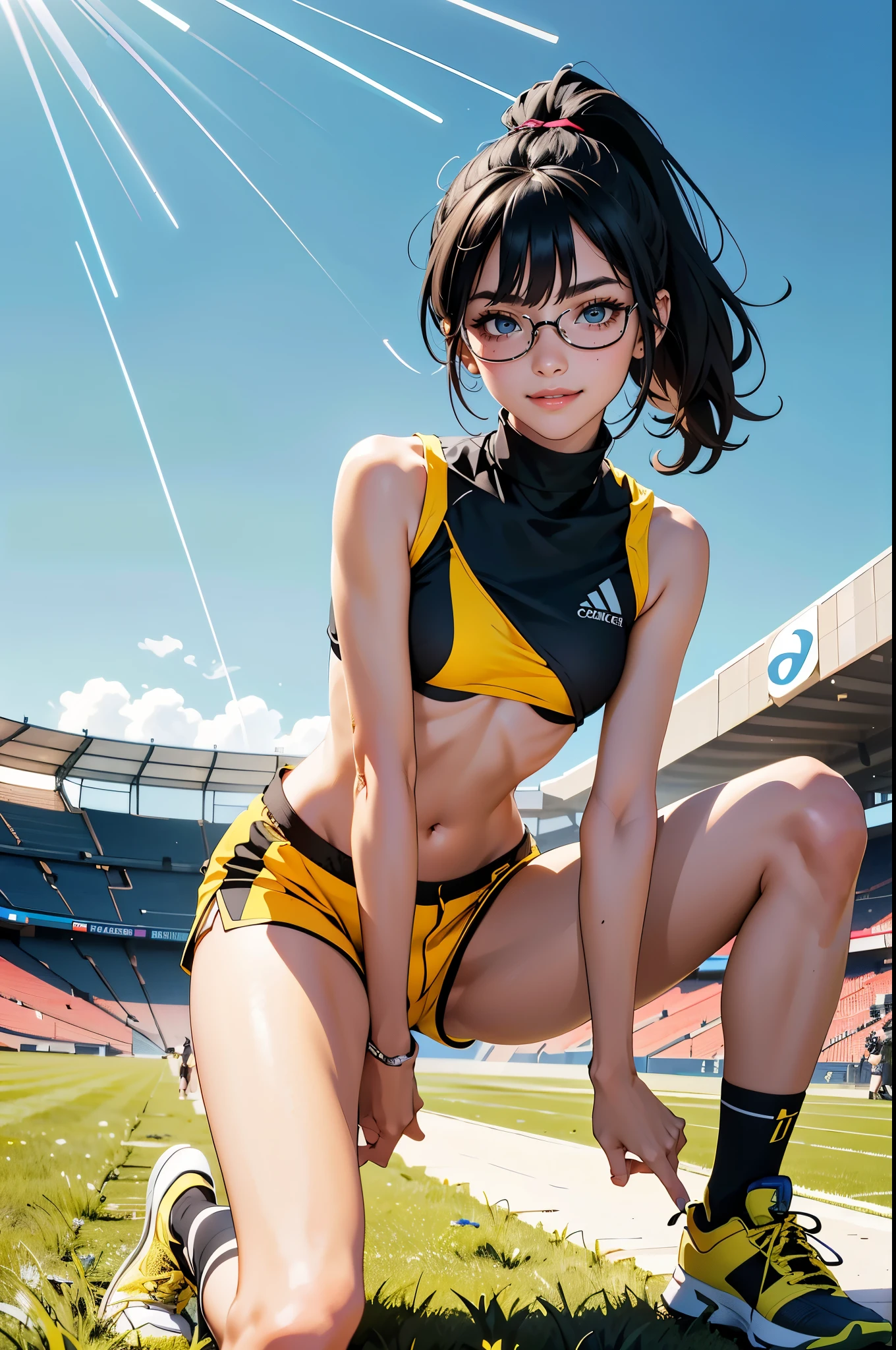 beautiful girl runner, , Prepare to practice running, Lean over to tie your shoelaces........................, black hair, Ponytail, Bangs, Smile a little........................, Wear glasses, ((Wear a sleeveless sports bar........................, turtleneck, black and yellow shorts, (underboob))), The stomach has sexy lines........................, yellow running shoes, in the stadium stands, anime, high resolution