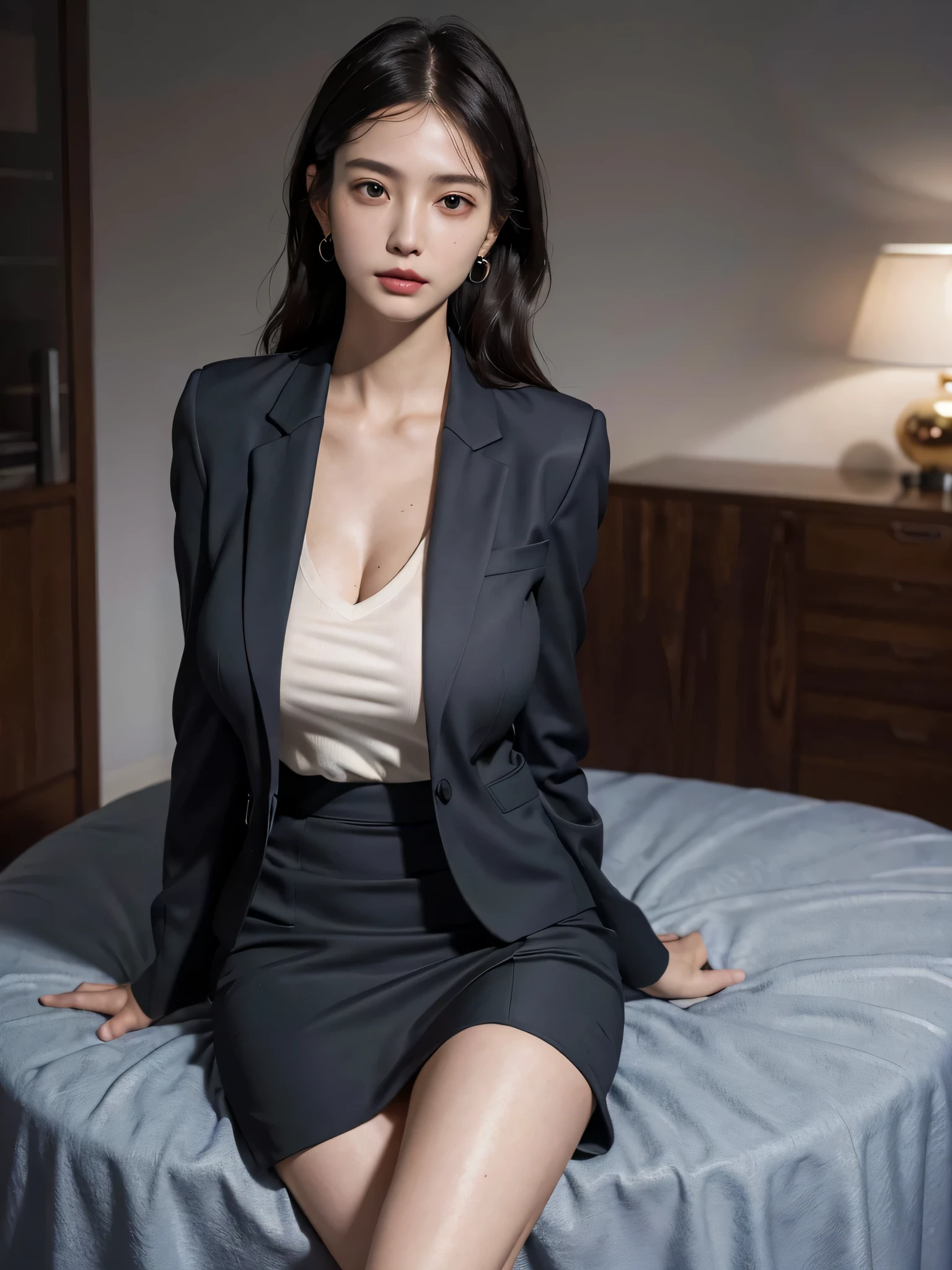 disorganized, RAW photo, very delicate and beautiful, masterpiece, highest quality, ultra high resolution, 16k, surreal, super detailed, perfect anatomy, super dense skin, perfect figure, Highly detailed CG 8k wallpaper, 20's, very slim body, (tight waist:1.2), very small head, very small face, delicate features, tearful mole, mole on chest, earrings, thin legs, (very huge round breasts:1.3), (full body shot:1.2), short middle hair, wavy hair, (business lady suit:1.3), (Jacket:1.1), skirt, barefoot, (shirt:1.2),