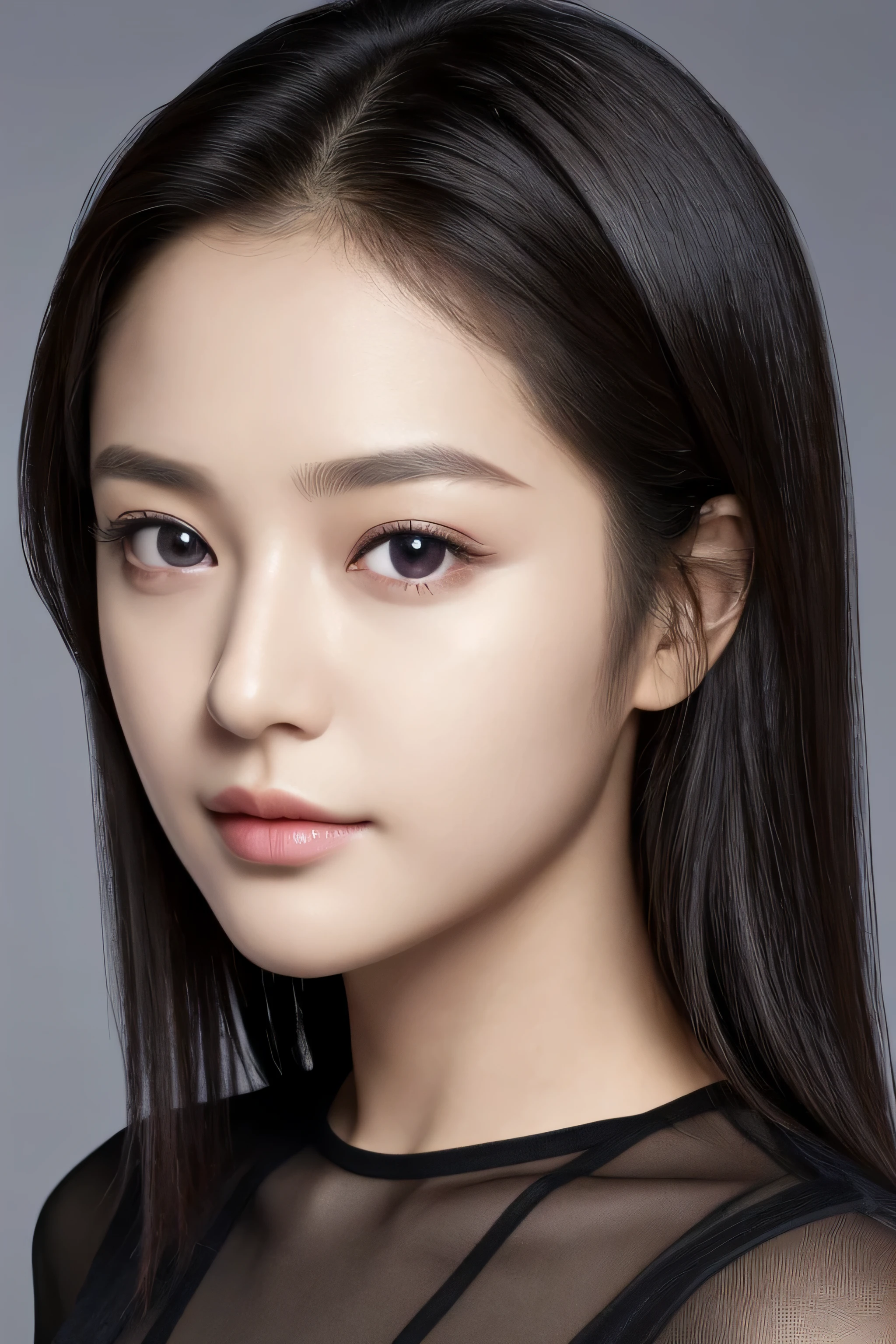 beste-Qualit, masterpiece, age17,ultra high resolution, (Photorealistic: 1.4), raw photo, 1 girl, black hair, glossy skin, portrait, 8K, ultra sharp, realistic light, CGSoation Trends, purple eyes, Shining eyes, facing the camera,beautiful korean kpop artist,baby face,big eyes,wide forehead,bob hair,耳が見える、