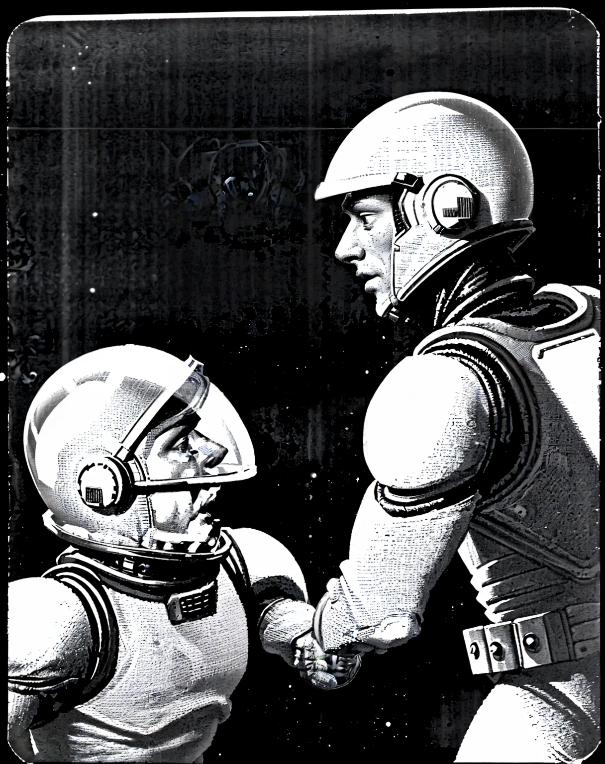 two men in spacesuits fighting, by Hannes Bok, black and white 