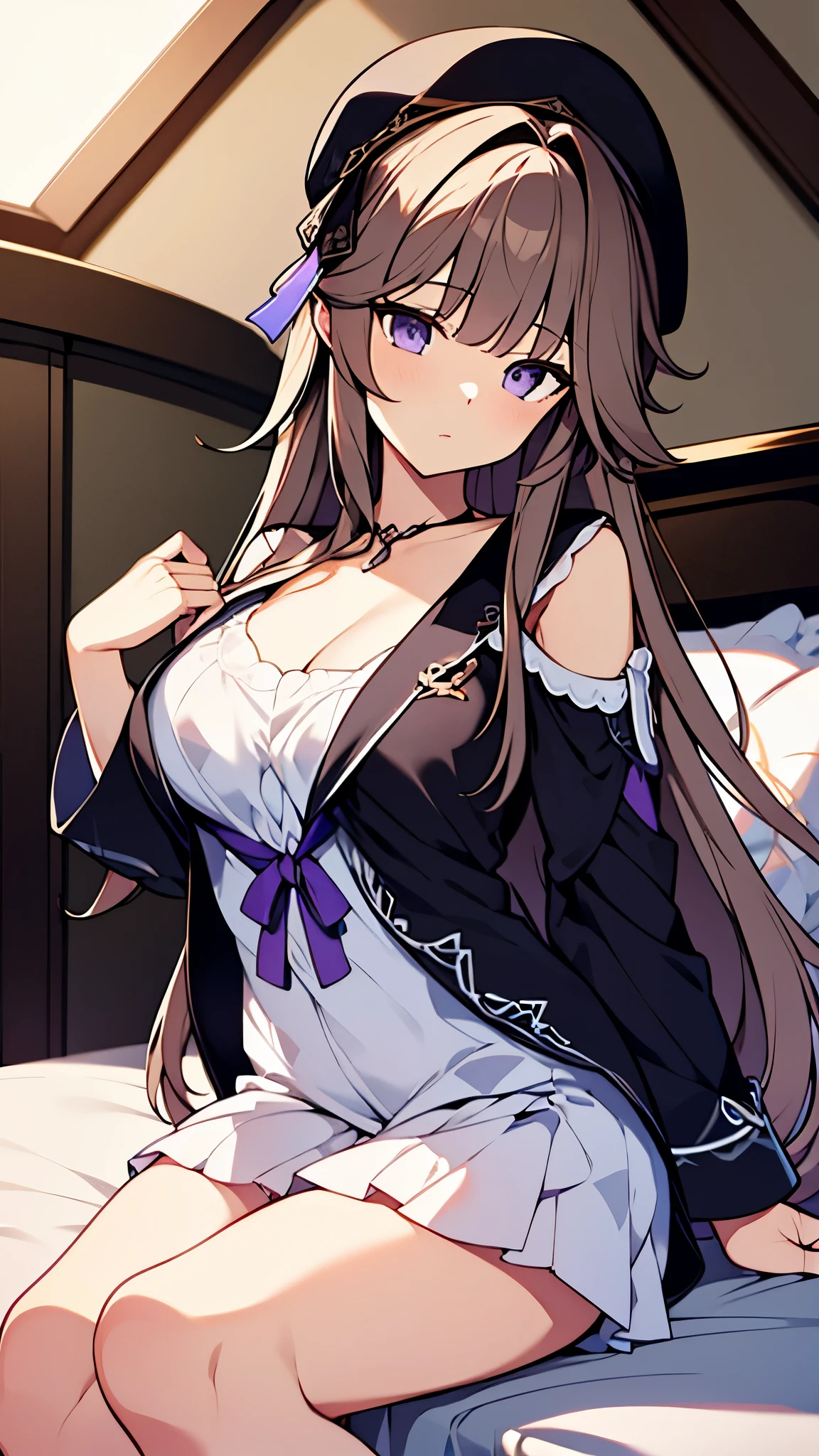 Masterpiece, high quality, 4k, best quality, Background in bedroom, girl, light brown hair, purple eyes, big breast, wearing pajamas, Sleep on your back on the bed, Hat Above head 