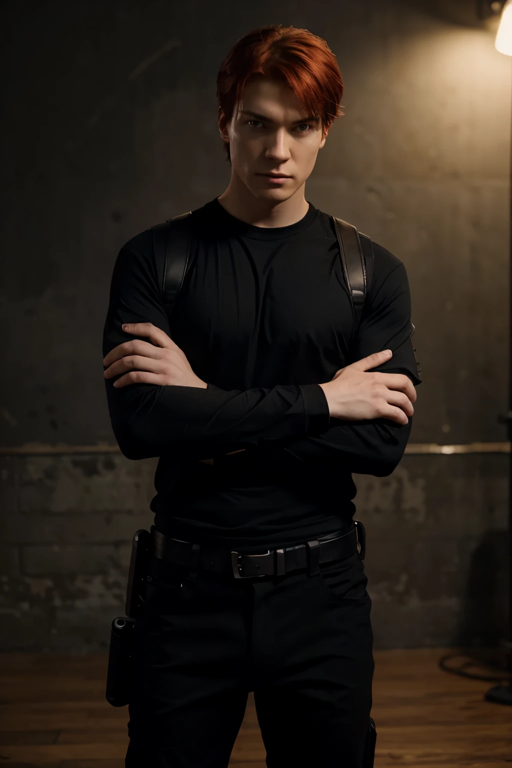 redhair young man, wearing a black t-shirt and black pants, the matrix style, tactical shoulder holster, 454 casull revolver, tactical gears