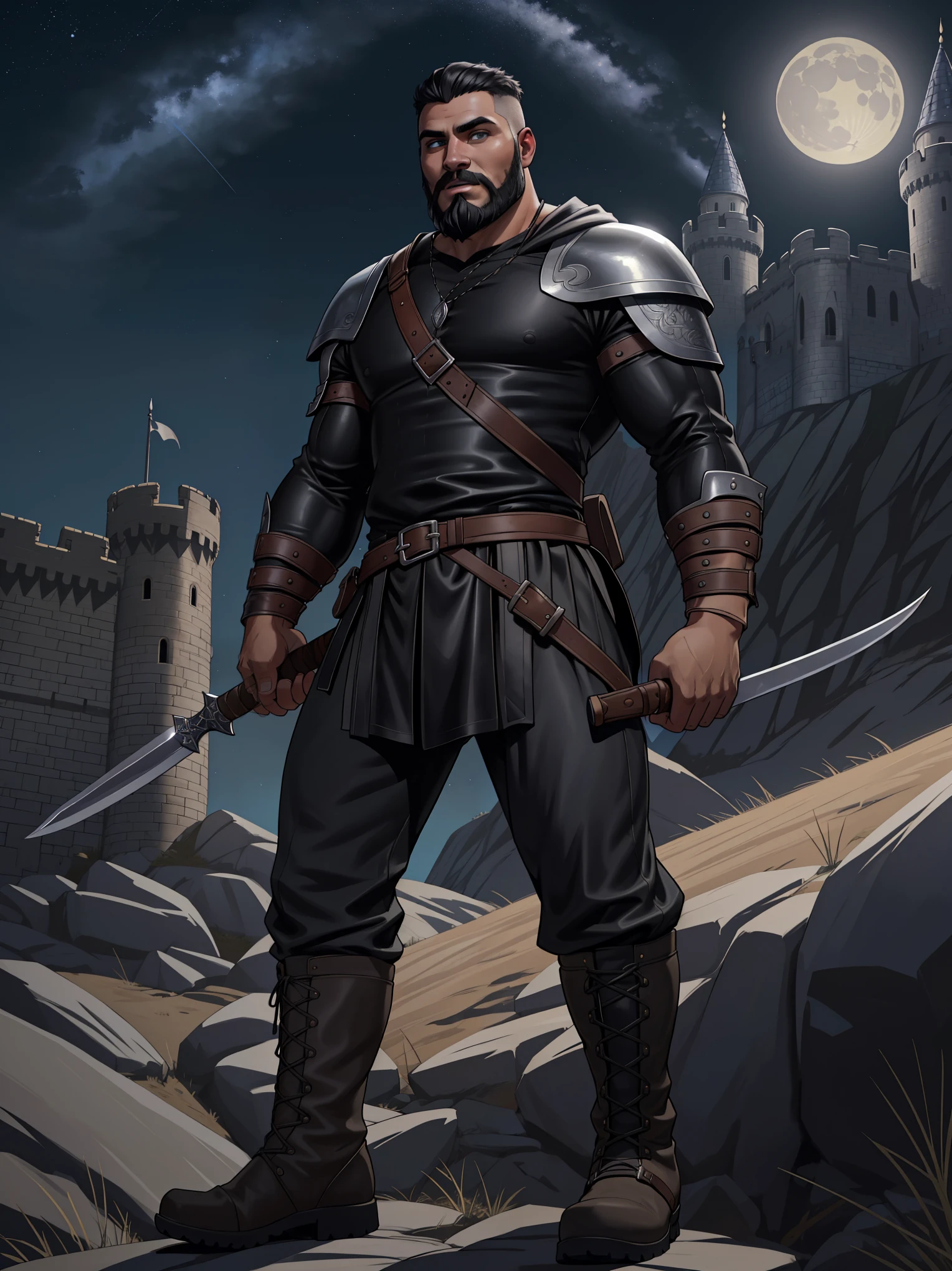 Solo, 1boy, male full body, dampir, young adult, toned, fair skin, charcoal hair, fringe haircut, dual wielding, weapon, 1rapier, 1dagger, shadow cloaked, fangs, grey eyes, black sclera, trimmed beard, silver beard, silver facial hair, leather armor, dark armor, black shirt, leather sheath, strap, grey baggy pants, viking pants, black, boots, mid-calf footwear, (masterpiece,high quality,hi res,8k hd),standing,close-view portrait,looking at viewer,night, outdoor, castle