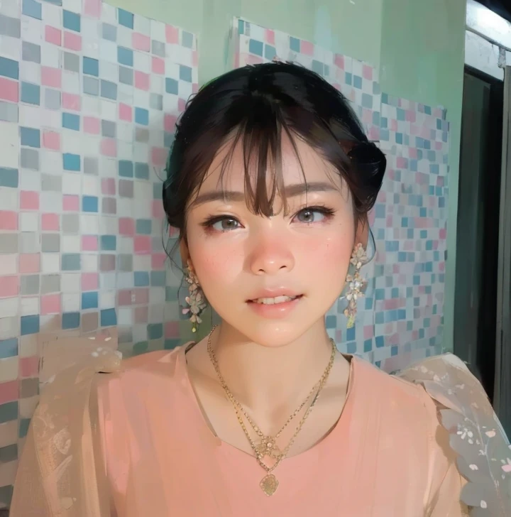 (best quality, highres, masterpiece:1.2), ultra-detailed, realistic, captivating beautiful face, Sakura flowers, myanmar traditional costume, white and pink background, portraits, vivid colors, soft lighting