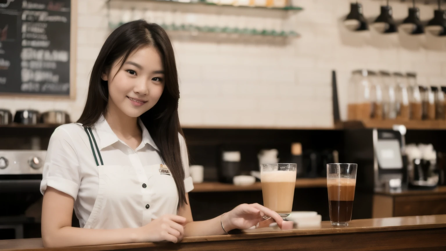 ((best quality)), ((masterpiece)), (detailed), perfect face
barista girl in the coffee bar,  in large background
