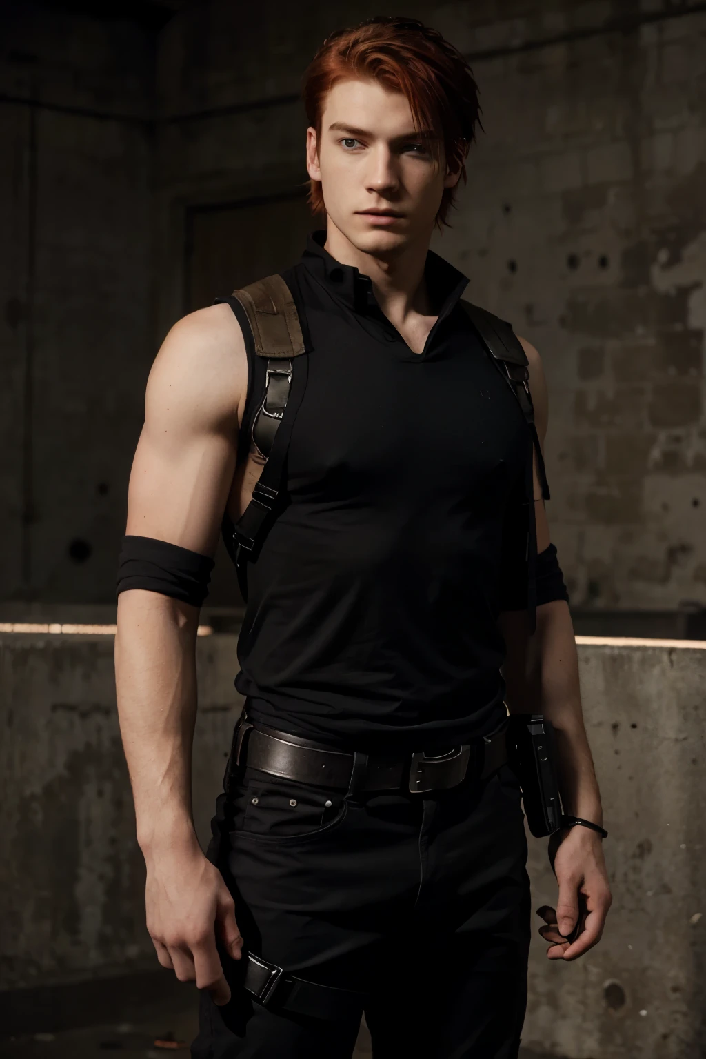 redhair young man, 20 years old, irish man, wearing a black t-shirt and black pants, the matrix style, tactical shoulder holster, inspired in leon s kennedy 454 casull revolver, tactical gears