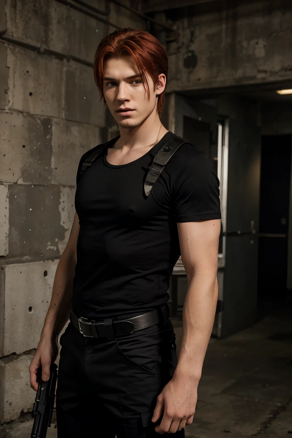 redhair age man, 20 years old, irish man, wearing a black t-shirt and black pants, the matrix style, tactical shoulder holster, inspired in leon s kennedy 454 casull revolver, tactical gears, policeman