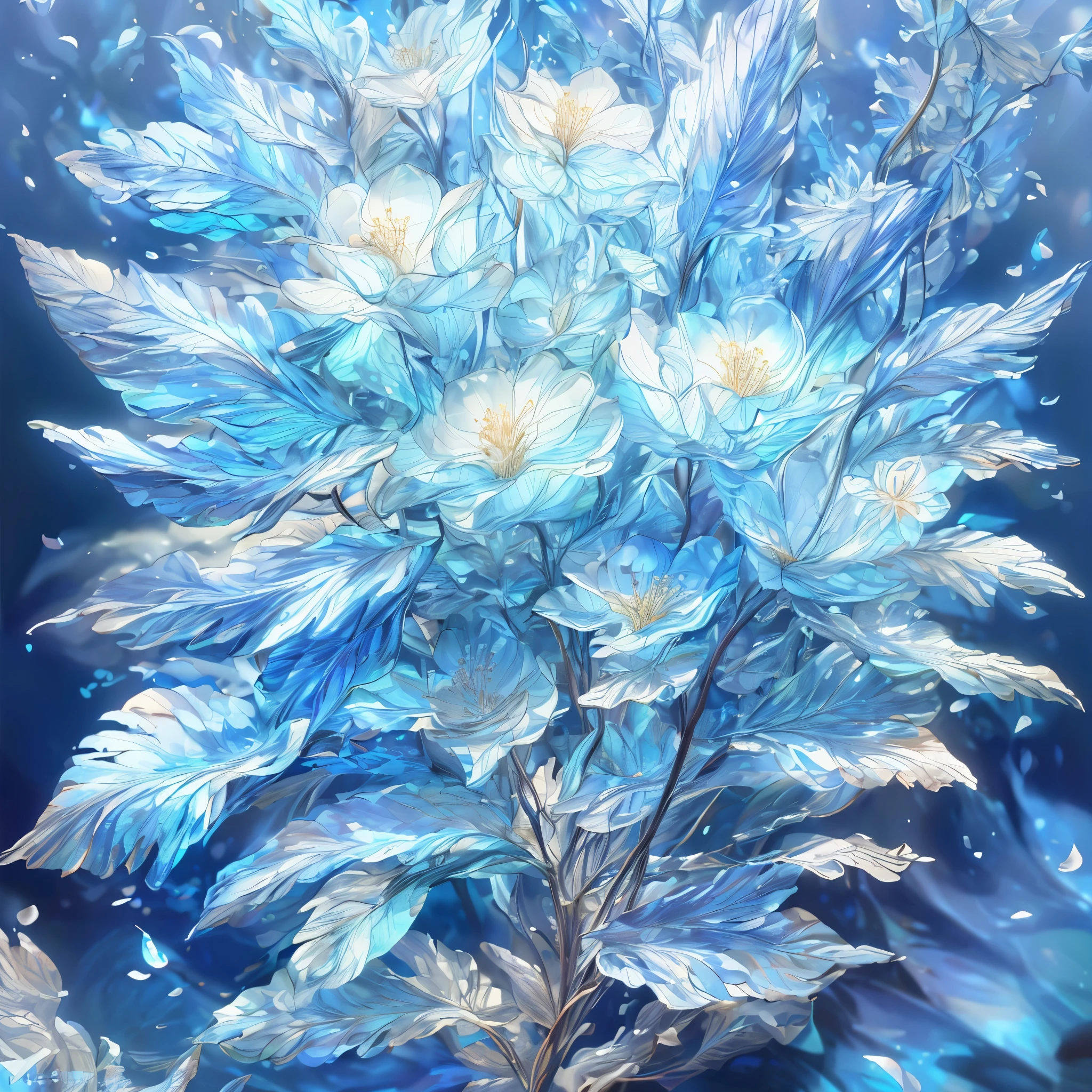 (best quality,4k,8k,highres,masterpiece:1.2), ultra-detailed, (photorealistic:1.37), (CG:1.1) (best quality) of a natural, blue sea with delicately colored tree leaves and flower petals falling in the air, light tracing, ultra-detailed, (best shadows) and (illustrations).