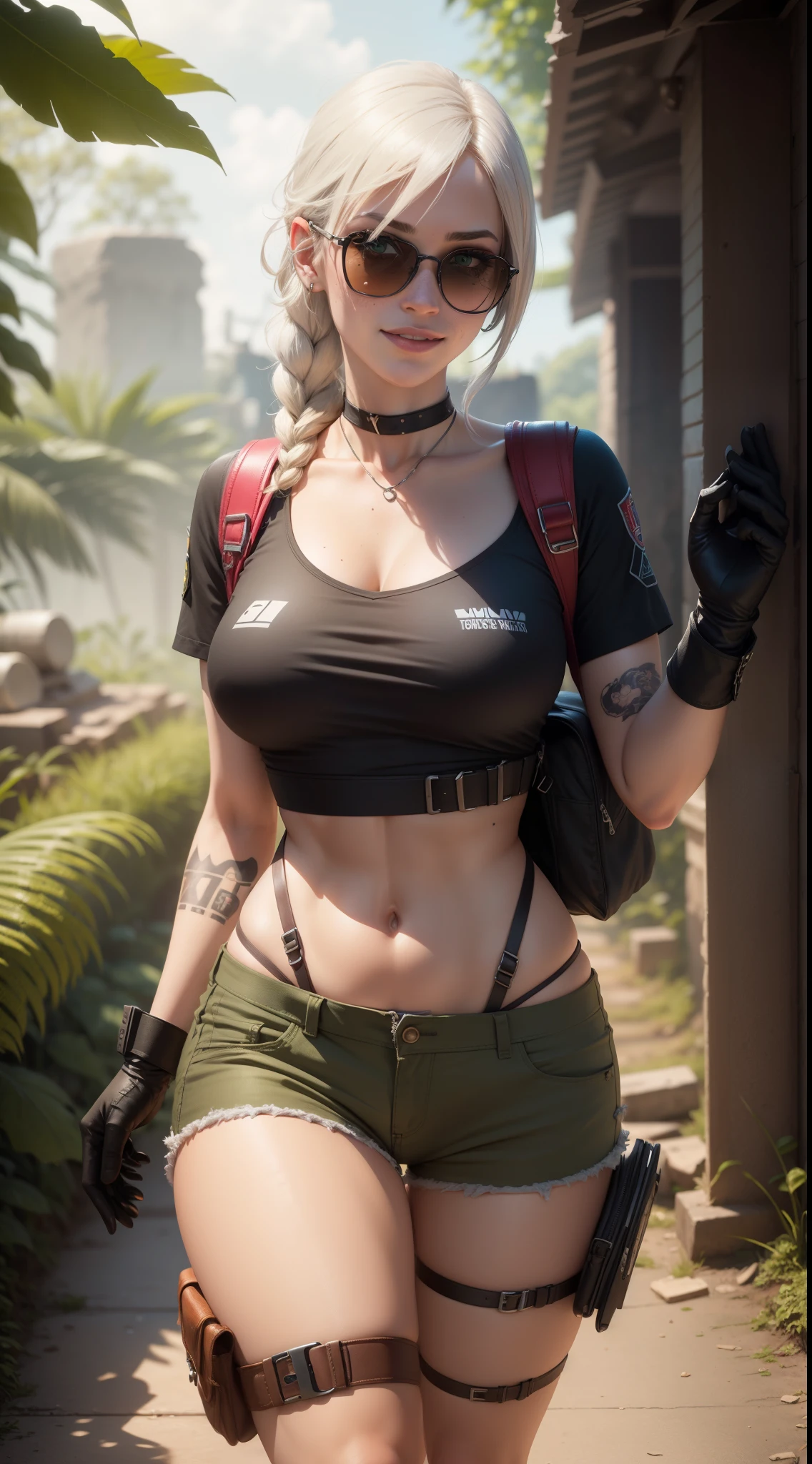 gwen tennyson,yorha 2b,lara croft,jill valentine,overwatch,tomb raider,close up,amazonian jungle ruins,tattoos,green and brown plugsuit,white short sleeve military top,short sleeve military hoodie,cargo micro shorts,military harness,uncovered belly,long braided hair,punk makeup,green eyes,multicolored silver hair, military gloves,sexy smile,freckles,beautiful girl,tall military boots,large breasts,8k,ultra detailed, realistic,fantasy art,military uniform,hair pin,ear piercings,aztec head and neck jewelry,(weather:windy),1girl,military backpack, sunglasses,running,