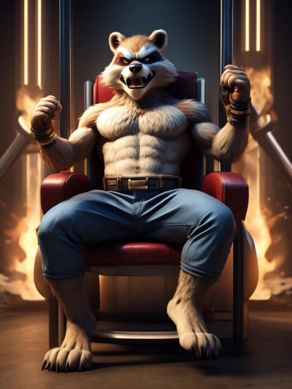 Barefoot angry and fighting Rocket Racoon, dressed in blue hospital pants, sits strapped into a mind control device in the form of a massive metal chair and screen projecting an green hypnotic spiral. He is visibly restrained by his ankles, wrists and chest. He's weakly resisting hypnosis. Detailed nice big bare paws with short claws. high resolution, anatomically correct, 3d art style, mcu style