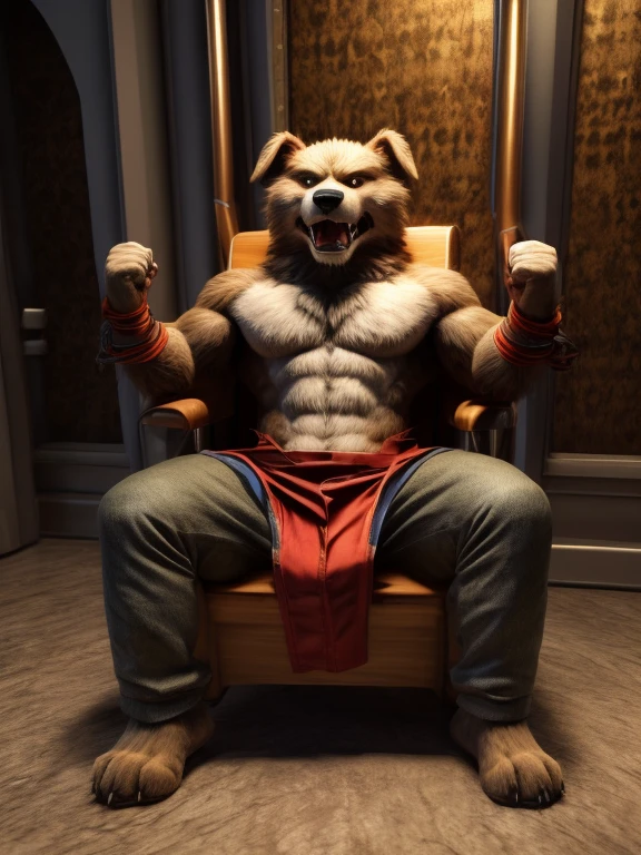 Barefoot angry and fighting male anthro dog, dressed in blue hospital pants, sits strapped into a mind control device in the form of a massive metal chair and screen projecting an green hypnotic spiral. He is visibly restrained by his ankles, wrists and chest. He's weakly resisting hypnosis. Detailed nice big bare paws with short claws. high resolution, anatomically correct, 3d art style, mcu style high resolution, anatomically correct, 3d art style