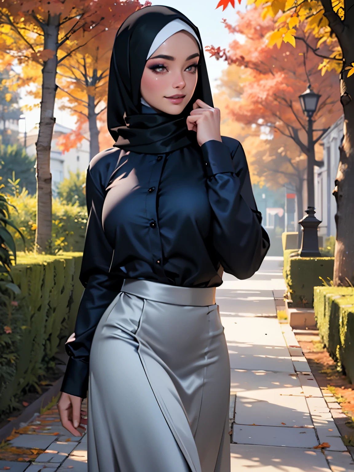 3dmm style, Masterpiece, realistic, best quality, best lighting, beautiful mature Czech woman, 1 girl photo solo, beautifully makeup, eyeshadow, Parted Lips, Detailed Eyes, Big eyes, brown eyes, long eye lashes, dimples on the cheeks, smile, wearing ((Dark blue satin hijab)), loosely tide hijab style, ((gray satin shirt and satin long skirt)), (Half-body portrait), Front view, Symmetric Centre, facing the viewer, walking on trails autumn garden.