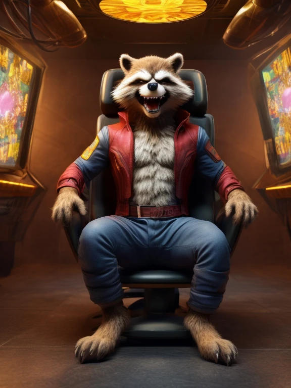 Barefoot angry and fighting Rocket Racoon, dressed in blue hospital pants, sits strapped into a mind control device in the form of a massive metal chair and screen projecting an green hypnotic spiral. He is visibly restrained by his ankles, wrists and chest. He's weakly resisting hypnosis. Detailed nice big bare paws with short claws. high resolution, anatomically correct, 3d art style, mcu style