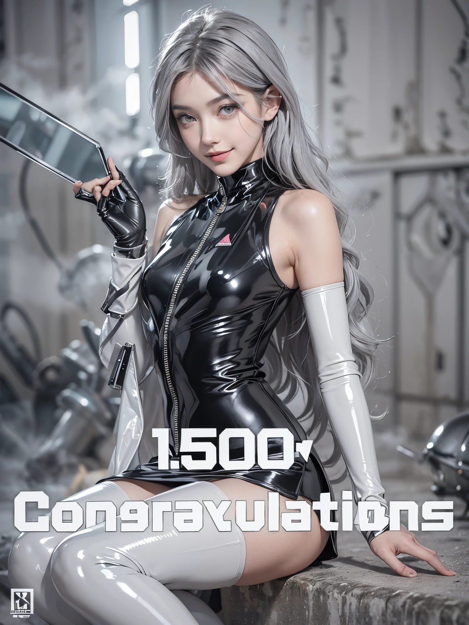 (Realistic:1.4), (fashion portrait:1.2), (ultra detailed, beautiful, masterpiece, best quality:1.2), _ BREAK (1girl:1.2), 22 years old, 160 cm, Japanese cute model, Tightened all body, medium Breasts, (small head, small face:1.4), diamond Face, small nose, Sharp Faceline, Detailed face, Detailed eyes, young hands and fingers, beautiful hands and fingers, five fingers, _ BREAK (happy, smile, Glossy Lips:1.3), (Light color lips, Half open mouth, beautiful Teeth:1.2), (dropy eyes, Double eyelid, light color eyes, Shiny eyes:1.5), Shiny skin, _ BREAK (arranged hairstyle:1.4), (gray hair:1.4), shiny hair, _ BREAK (gray and White simple blurry background:1.4), (mist, fog:1.6), _ BREAK (cowboy shot:1.2), (sitting, sexy model pose:1.2), BREAK BREAK (latex theme:1.3), ( black latex bodysuit with high gloss:1.3), (sleeveless turtleneck with silver zipper accent:1.2), BREAK (black theme:1.3), (knee-length black latex skirt with side slit and glossy finish:1.3), BREAK (high-cut black latex boots with a wet look:1.3), (silver ankle strap detail:1.2), BREAK (large futuristic signboard with a reflective, glossy surface:1.5), (held with both hands:1.4), (featuring brand logo in white and black:1.4),