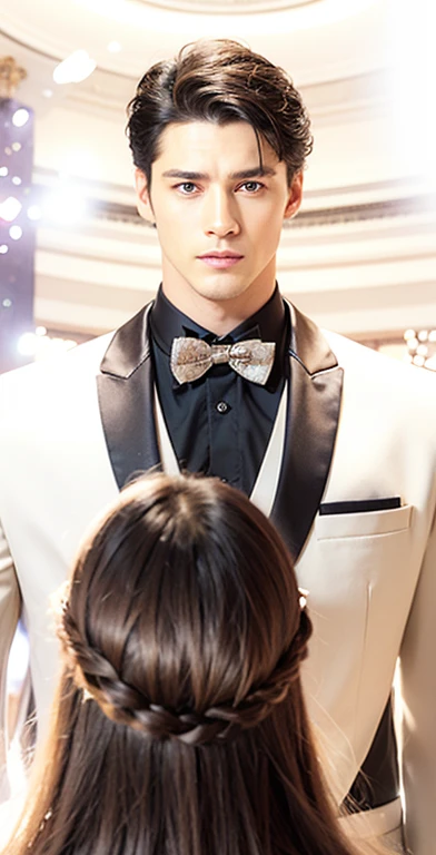 a close up of a person in a suit and tie, ballroom background, very handsome real man, man with black hair and blue eyes, make the face manly, make the eyes look straight and didn't smile, make the face a bit wide and a bit long, remove the woman make the head straight look forward