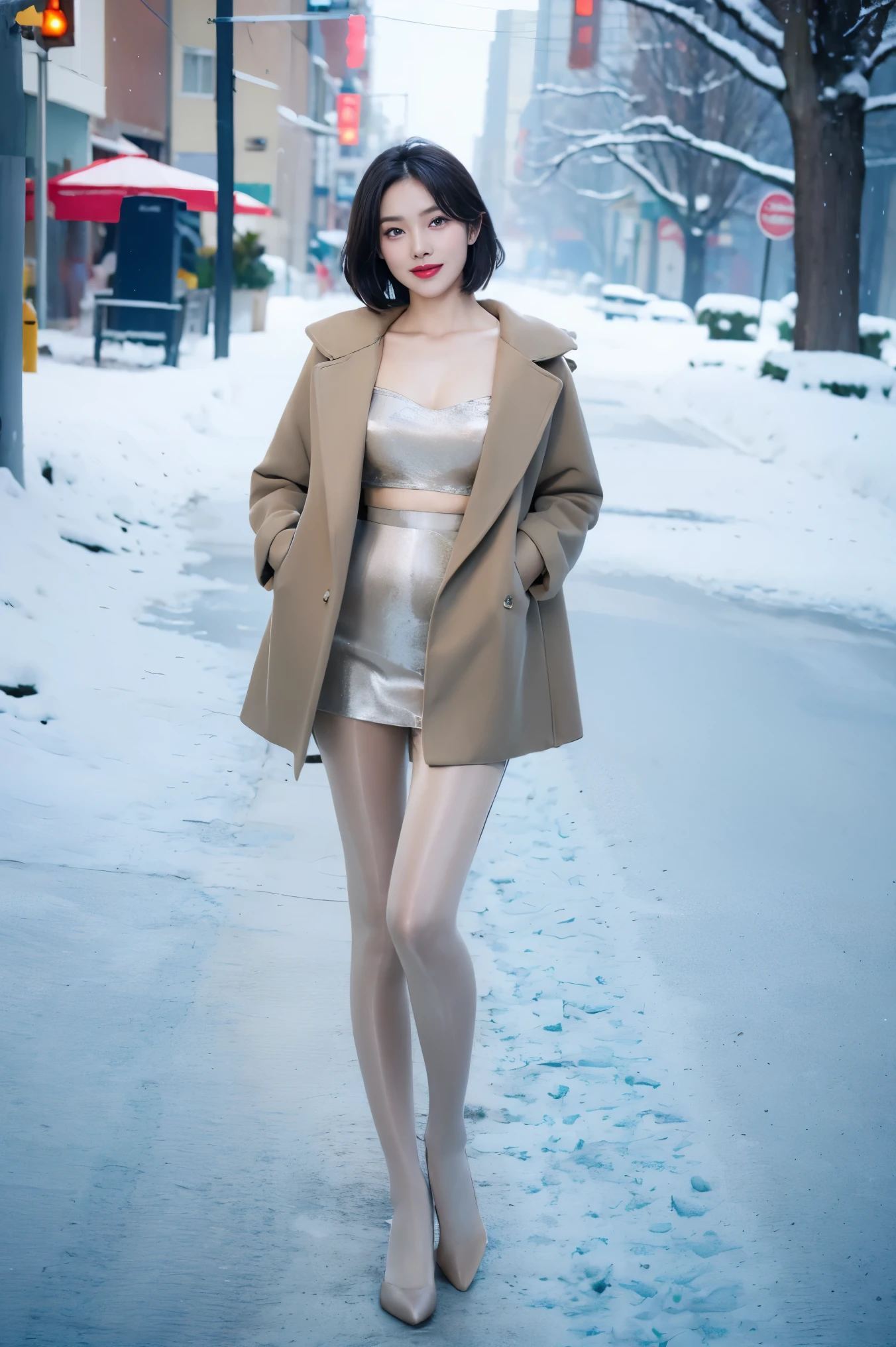best quality, 4K, 8k, Detailed faces, clear face, full-body shot,beautiful girl, Korean makeup, red lips, smilingly, Perfect body,shoulder-length short hair,small,Leg length,Slim,thin, girl wearing long and wide coat, Under the jacket is the top tube and tying, lower abdomen, snow scene, Winters, street,
