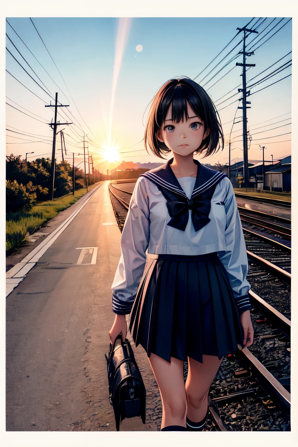 Create a Polaroid photo of a girl in a sailor uniform walking down a paved road. The road is lined with railroad tracks, and there is a road sign in the distance. The girl is walking towards the sunset, and her uniform is silhouetted against the sky. The sun is shining directly into the camera, creating lens flare and halos around the girl's hair.