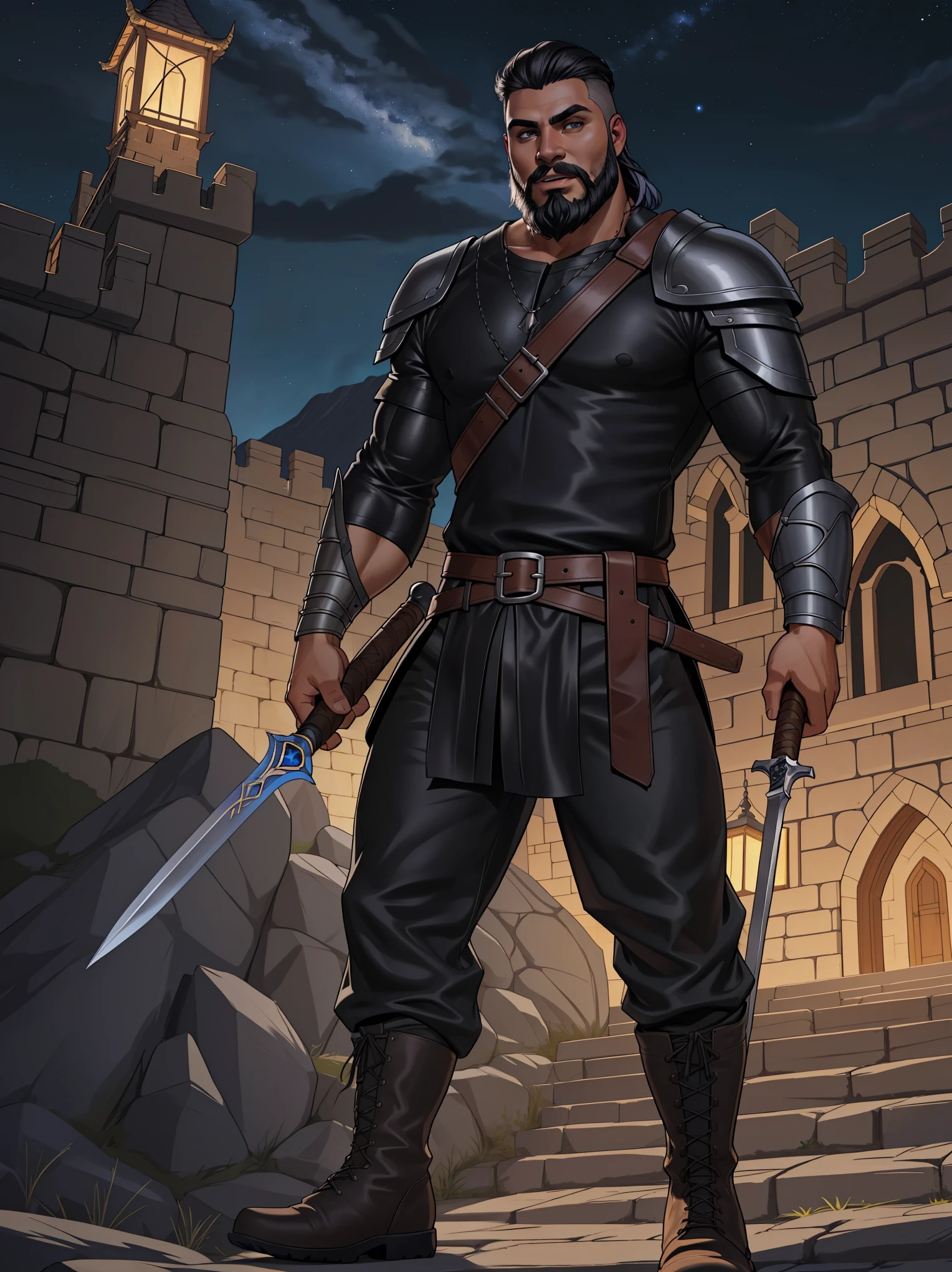 Solo, 1boy, male full body, dampir, young adult, toned, fair skin, charcoal hair, fringe haircut, dual wielding, weapon, 1rapier, 1dagger, shadow cloaked, fangs, grey eyes, black sclera, trimmed beard, silver beard, silver facial hair, leather armor, dark armor, black shirt, leather sheath, strap, grey baggy pants, viking pants, black, boots, mid-calf footwear, (masterpiece,high quality,hi res,8k hd),standing,close-view portrait,looking at viewer,night, outdoor, castle