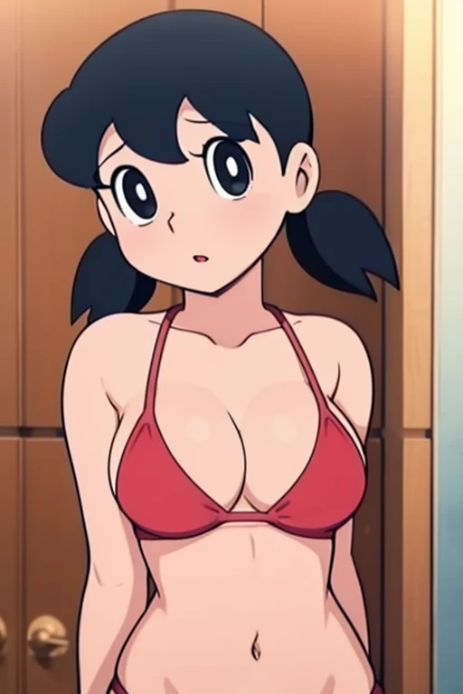 1girl, solo, slim, upper body, black hair, twintails, large breasts, short twintails, red bikini, bathroom,